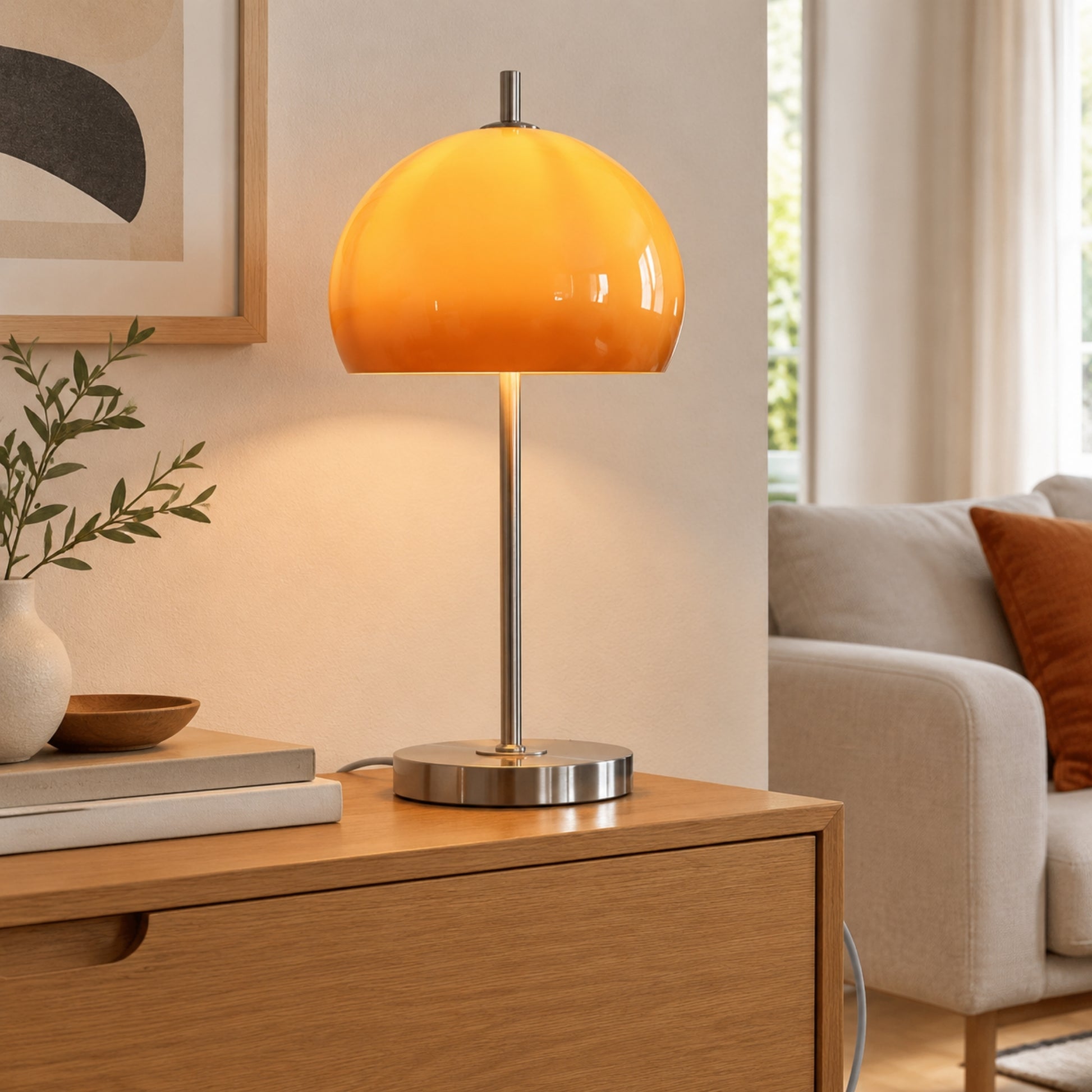 lampe champignon orange sejour avec cadre retro 70