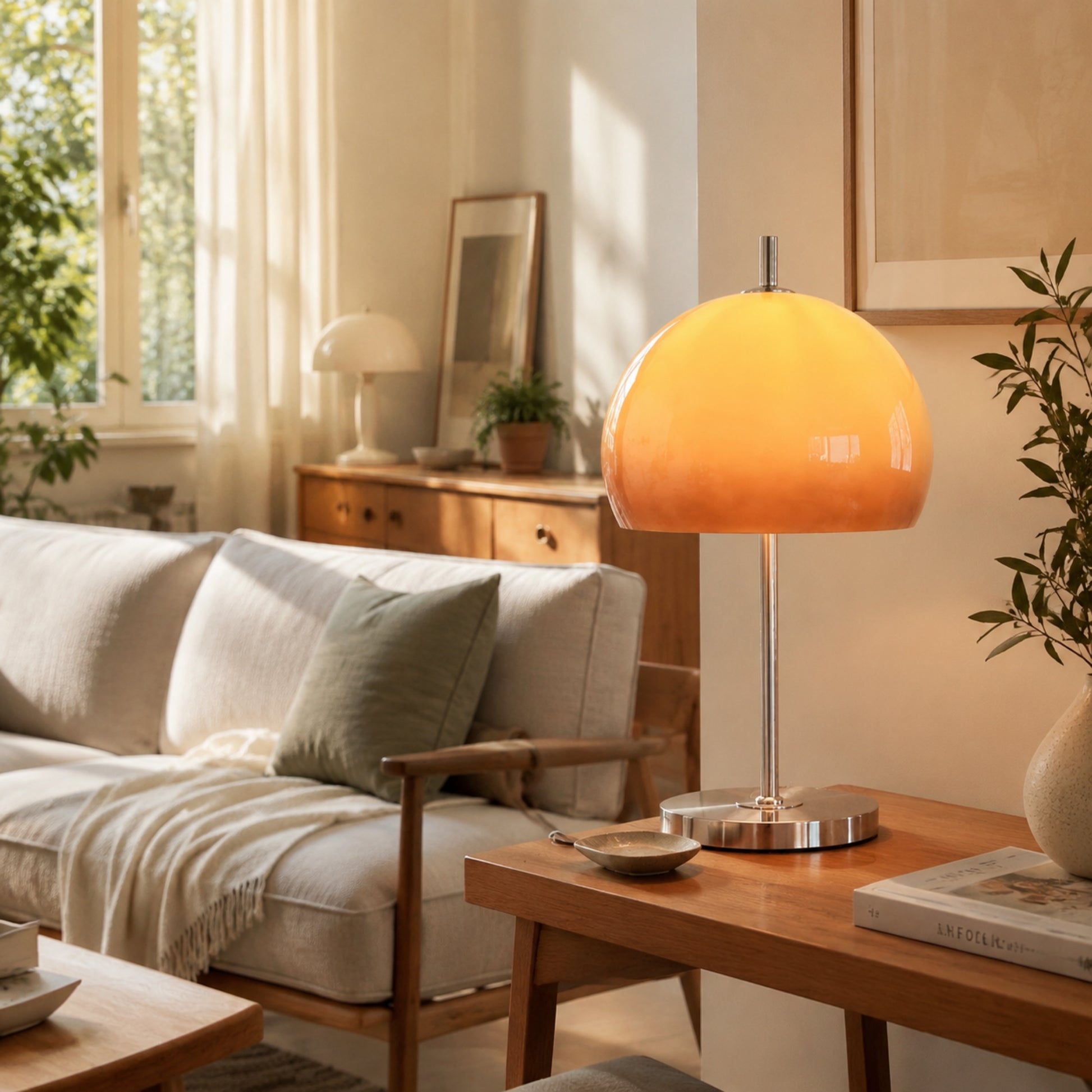 lampe champignon orange sejour avec fenetre retro 70