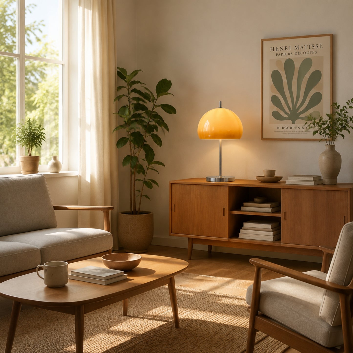 lampe champignon orange sejour avec plantes retro 70