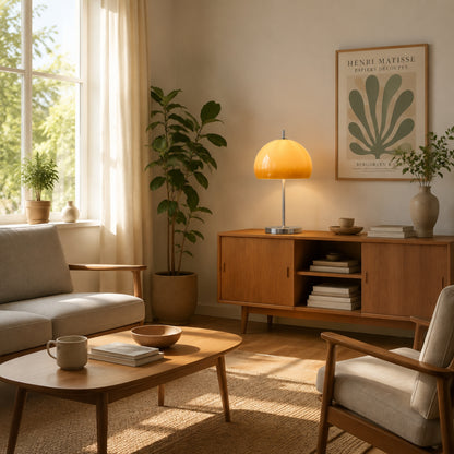 lampe champignon orange sejour avec plantes retro 70