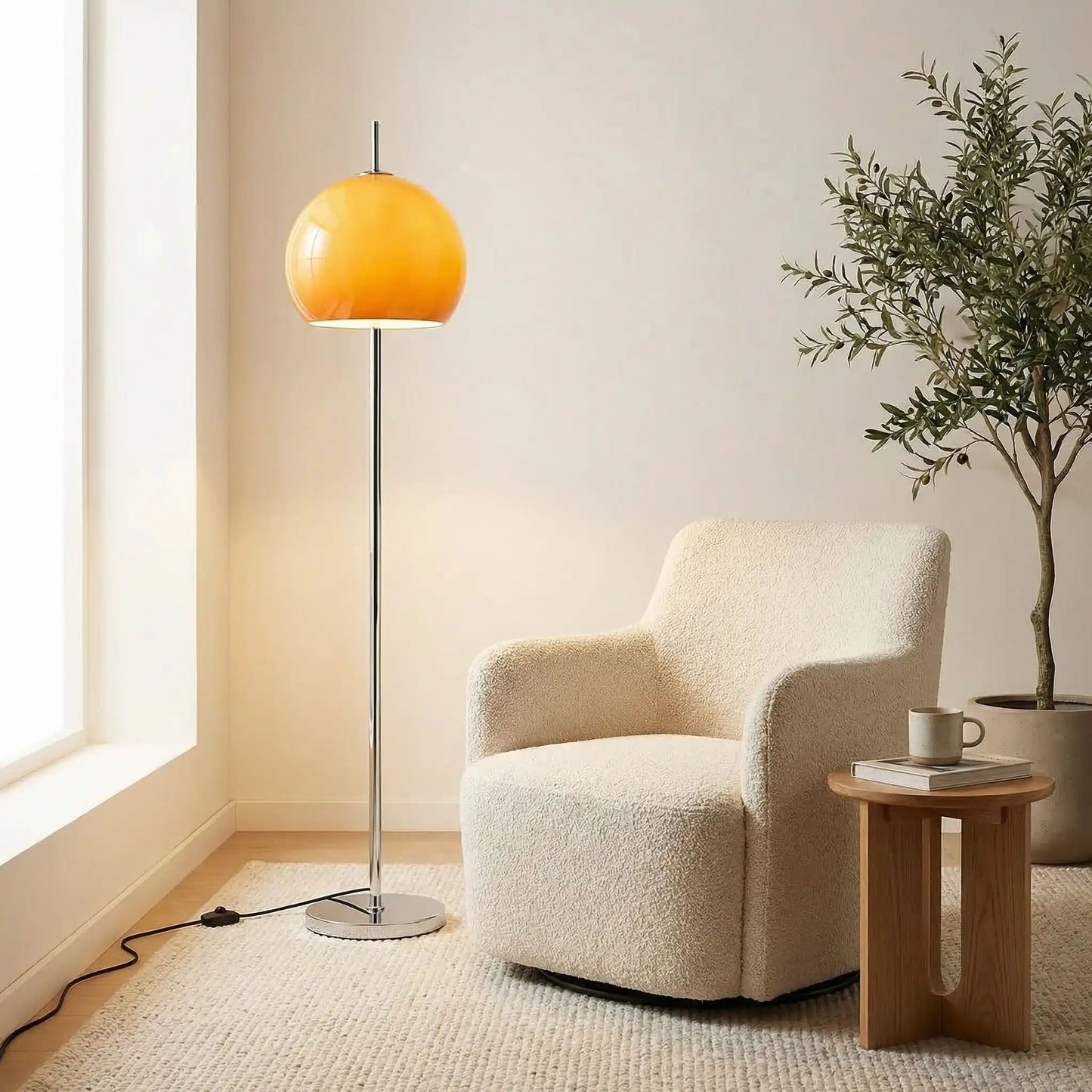 Lampe champignon orange Rétro 70 séjour, interrupteur au sol vintage.