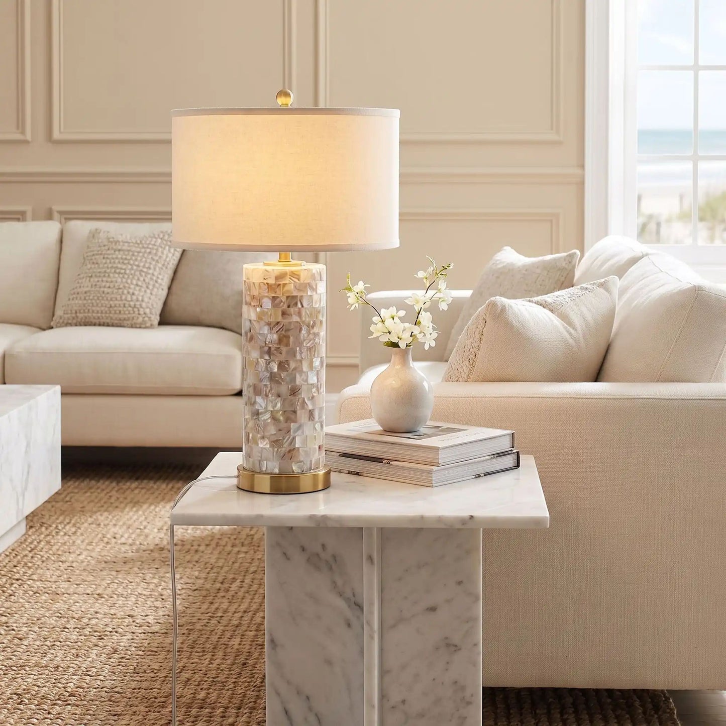 lampe chevet sejour avec fleurs coquillage naturel
