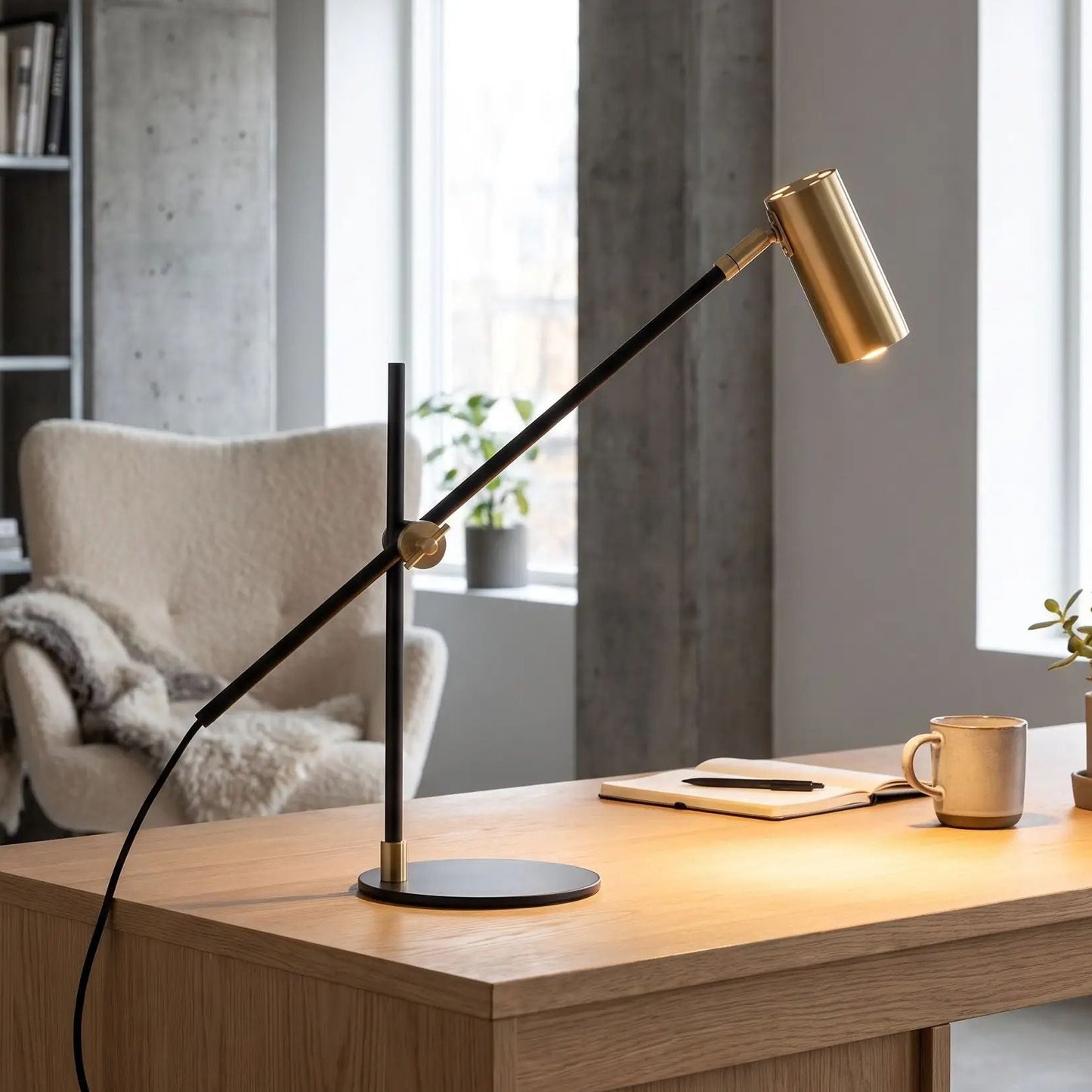lampe de bureau avec fauteuil vu rapproche design scandinave noir et dore