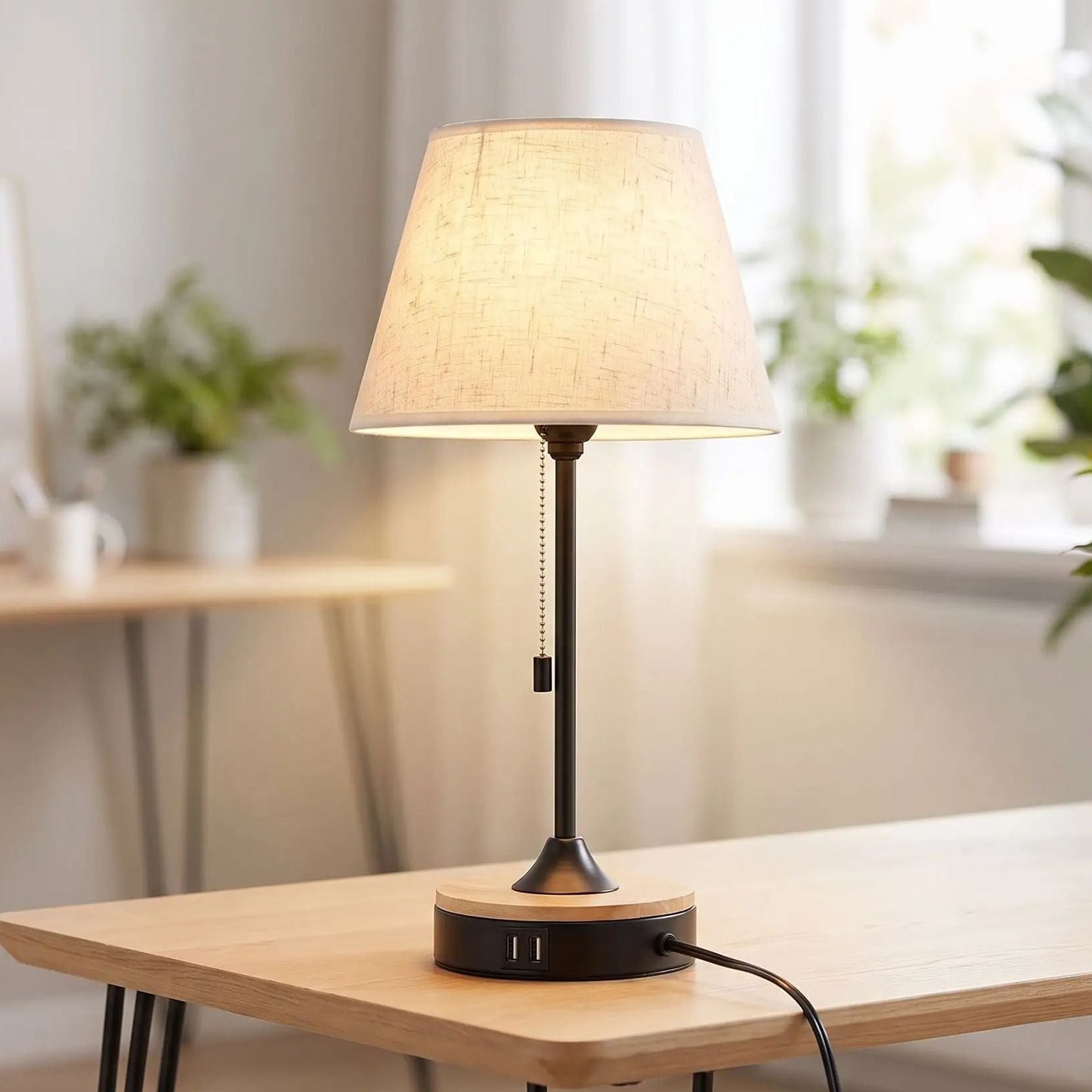 lampe de bureau avec plante vu rapproche design scandinave ports usb pratiques