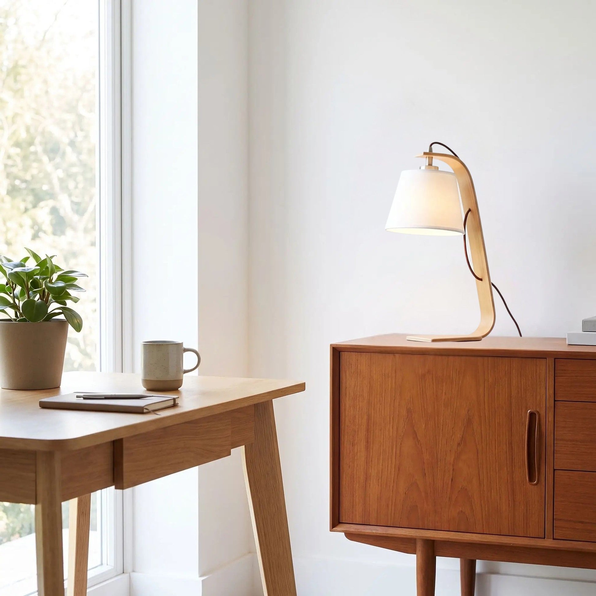 lampe de bureau blanc avec plante scandinave bois