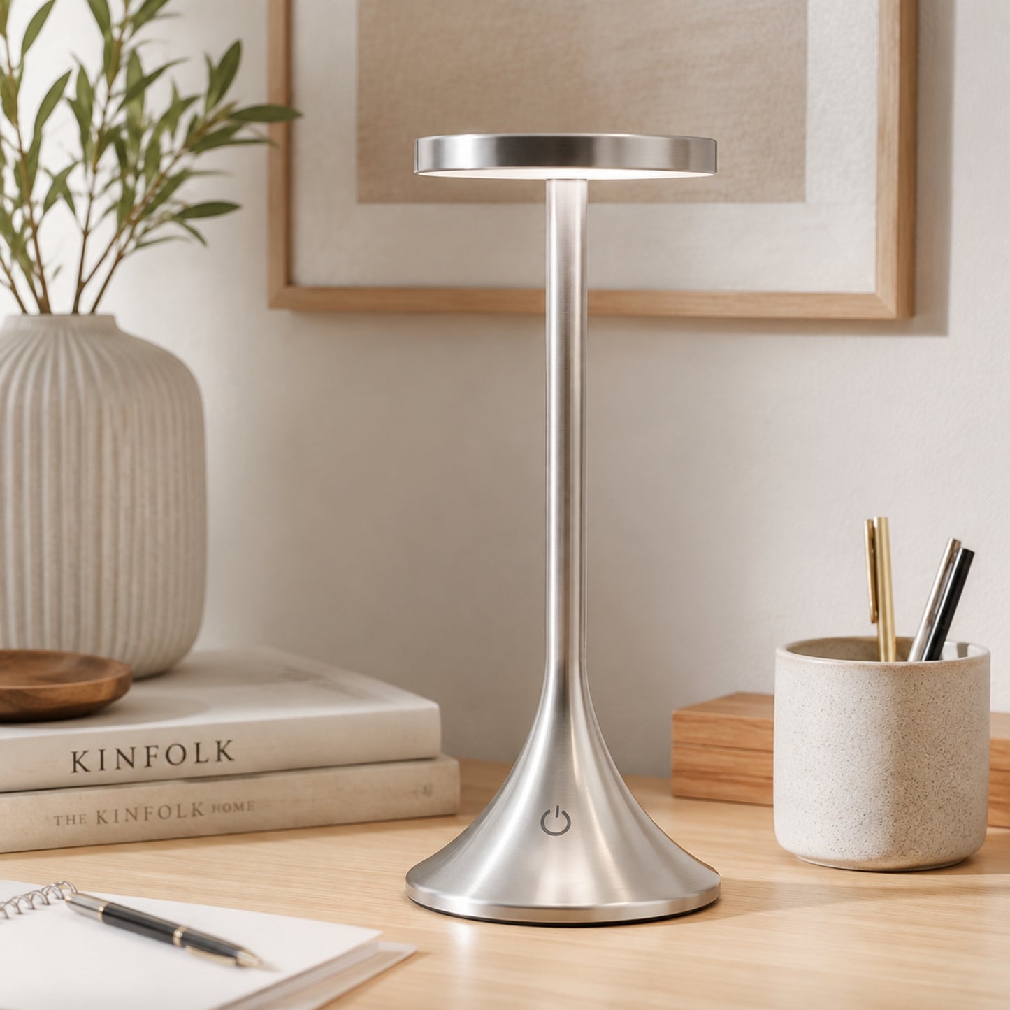 lampe de bureau led argent sur bureau avec cadre design contemporain epure