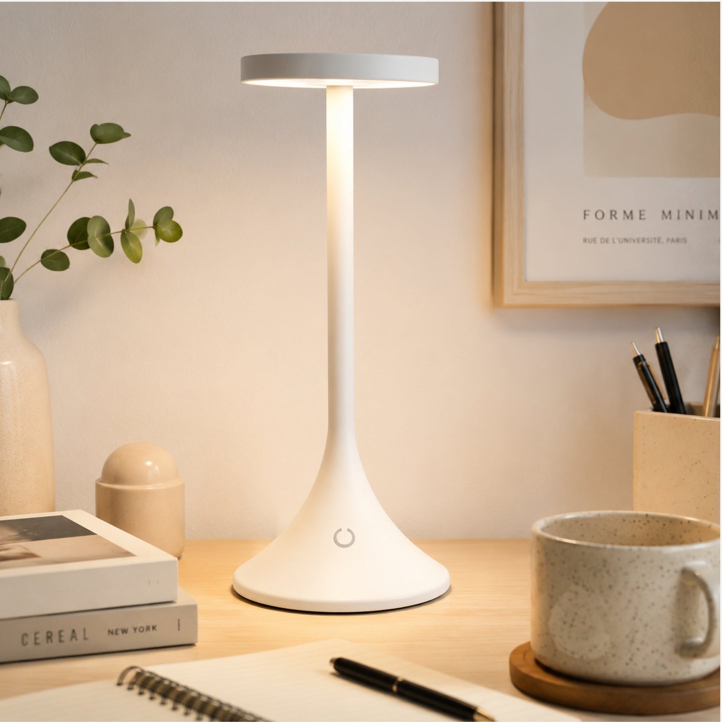 lampe de bureau led blanche avec tasse design contemporain epure
