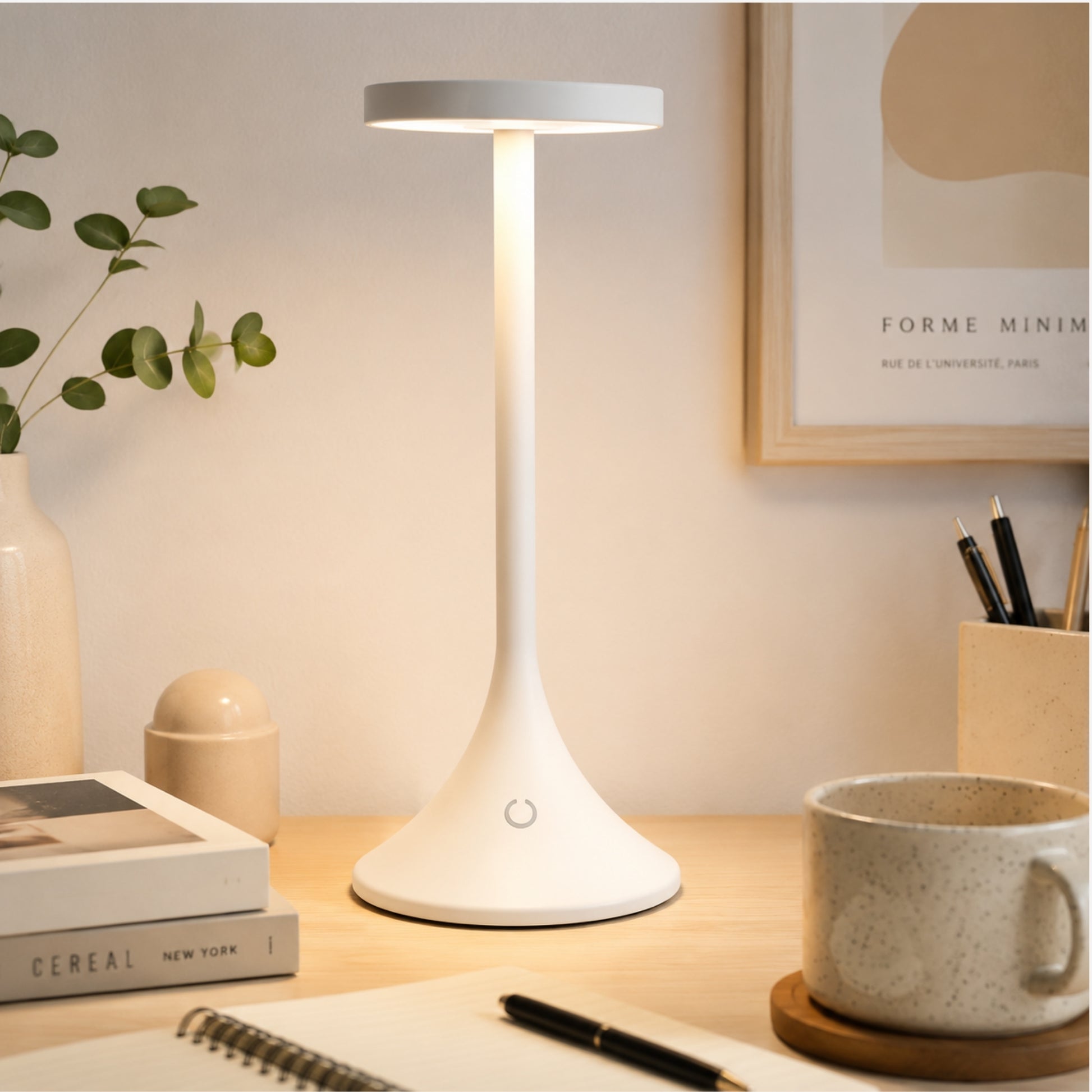 lampe de bureau led blanche avec tasse design contemporain epure