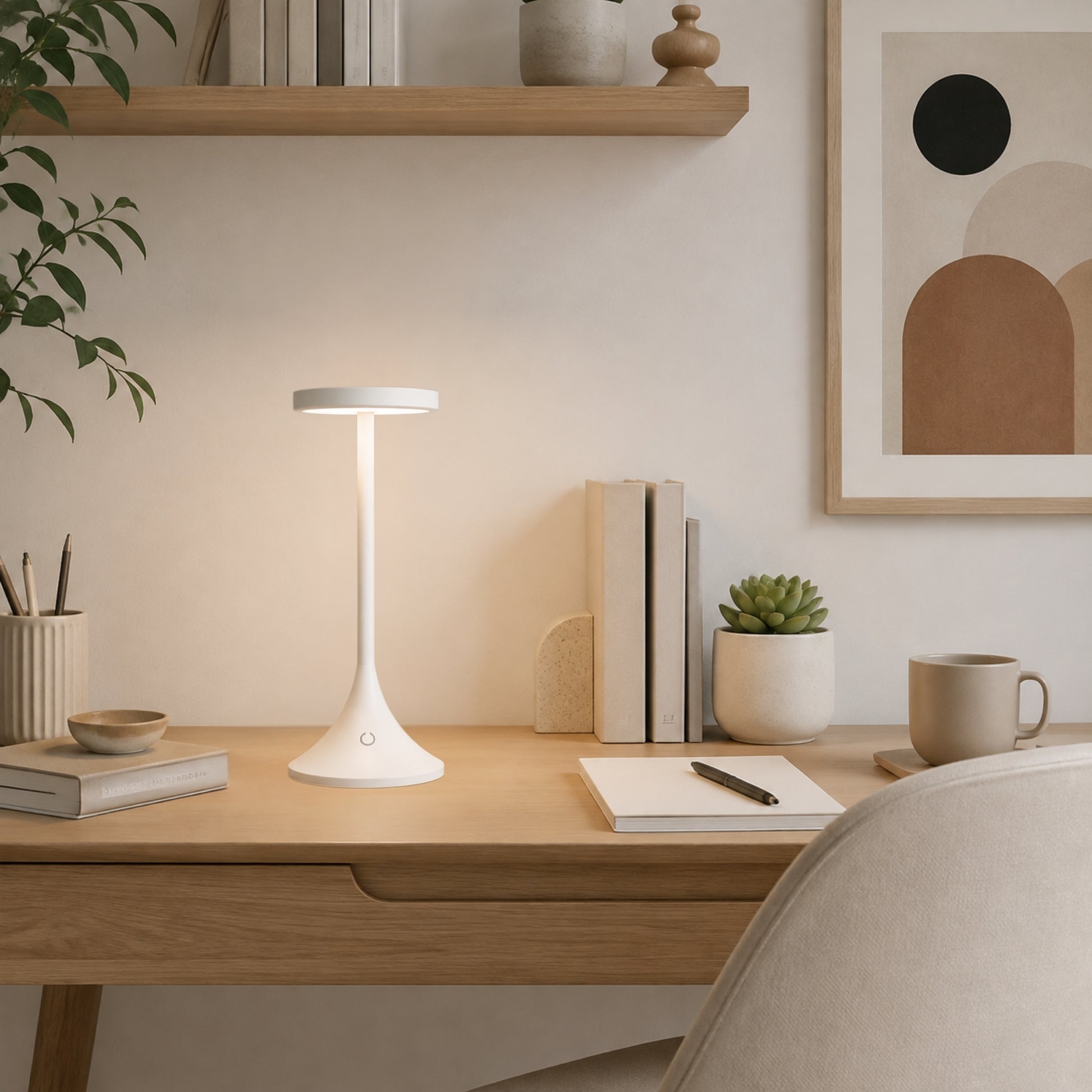 lampe de bureau led blanche sur bureau design contemporain epure