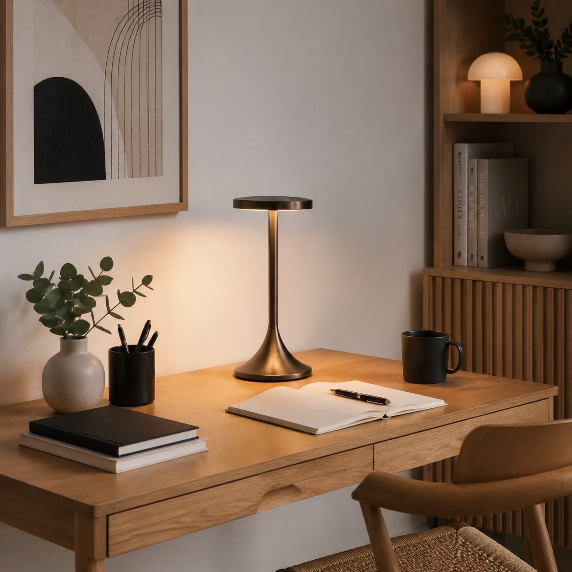 lampe de bureau led bronze avec bibliotheque design contemporain epure