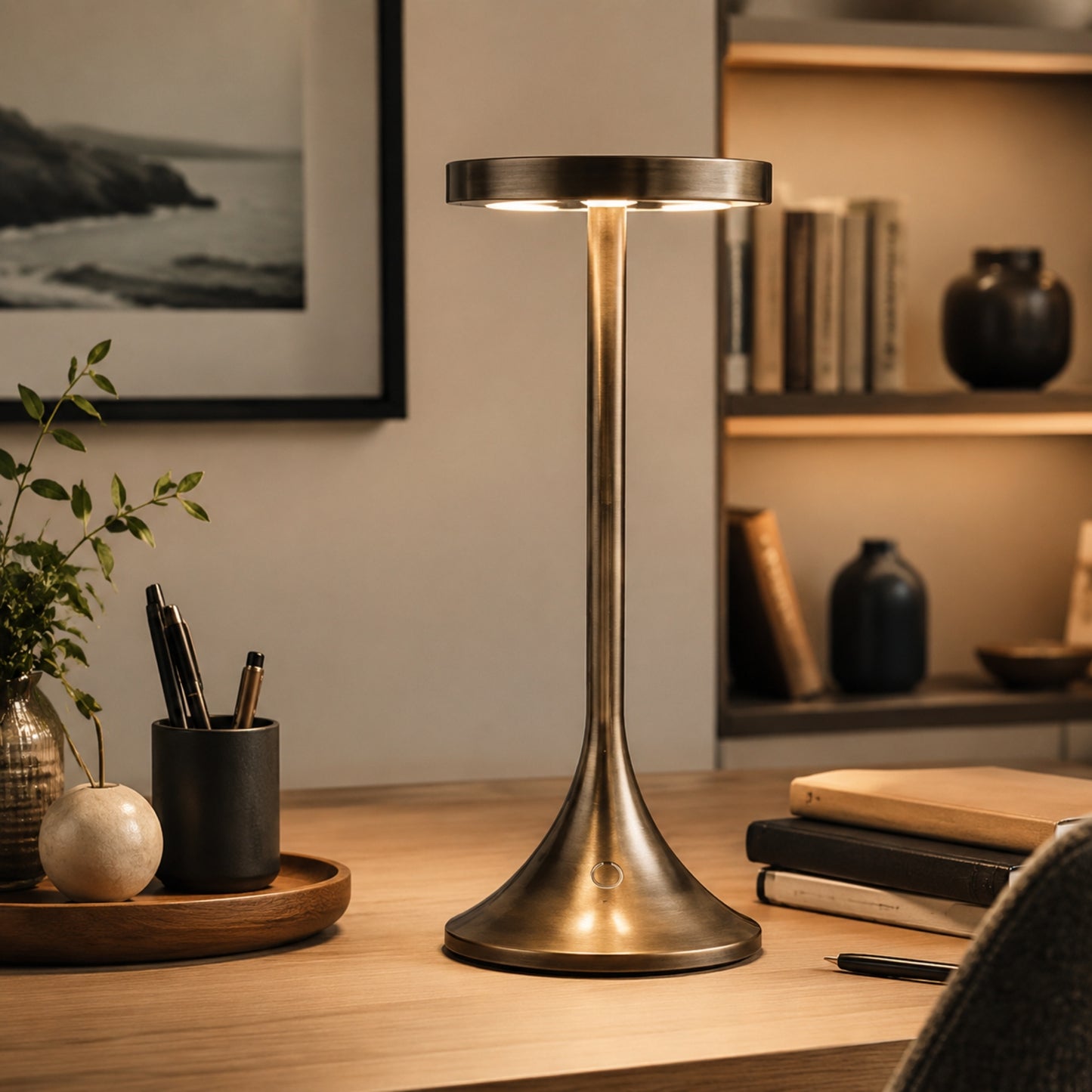 lampe de bureau led bronze avec cadre design contemporain epure