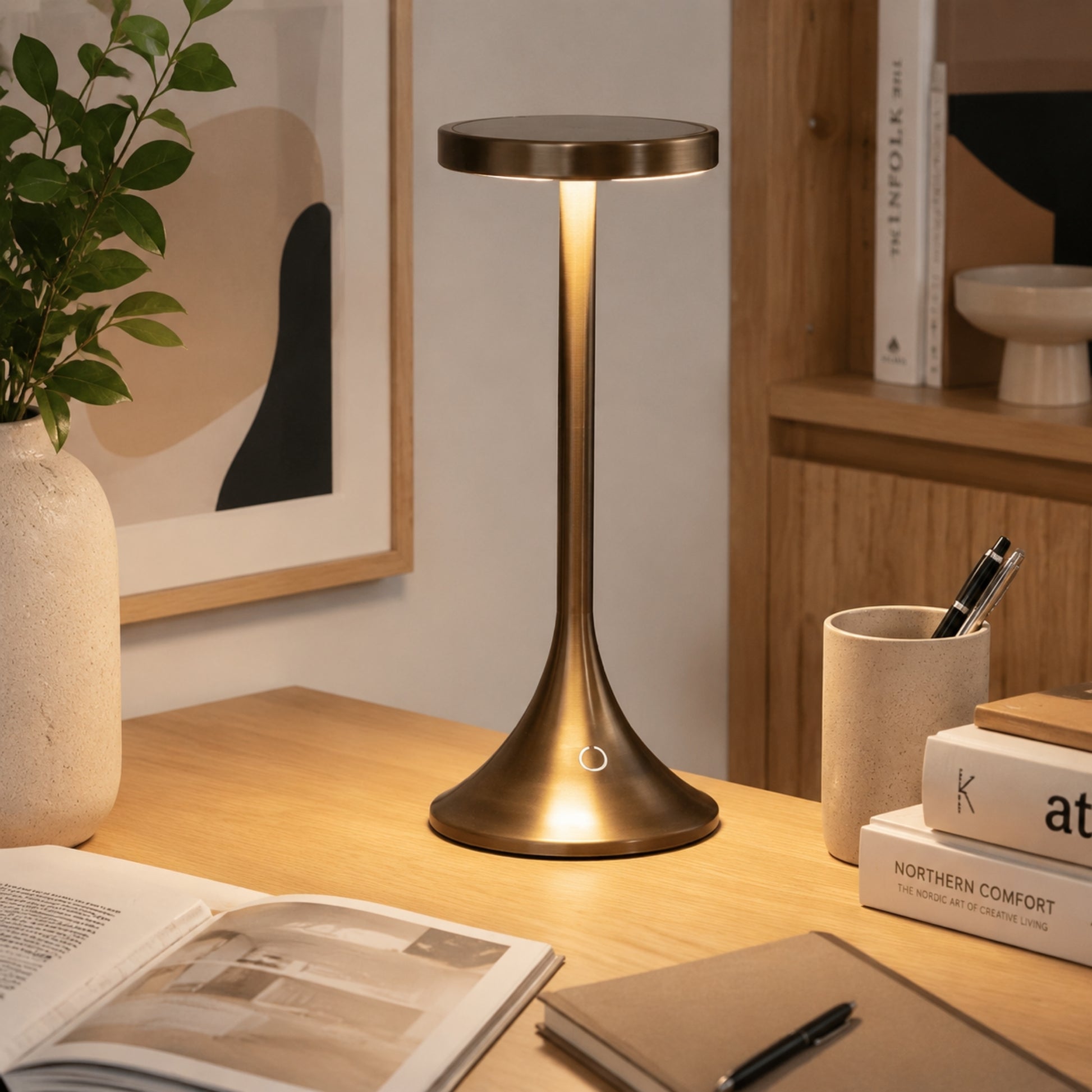 lampe de bureau led bronze sur bureau design contemporain epure