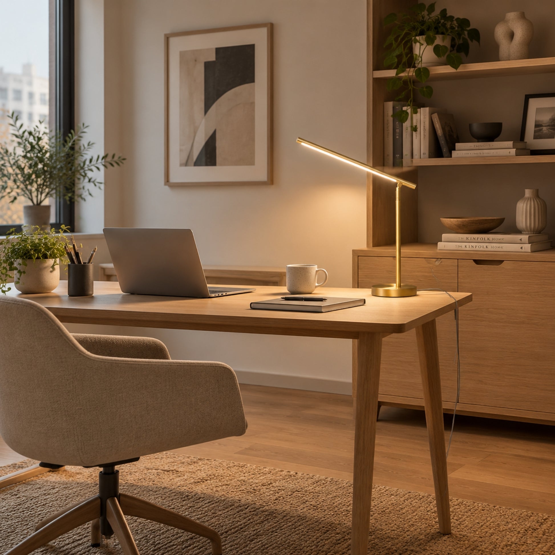 lampe de bureau led couleur doree sur bureau design minimaliste articule