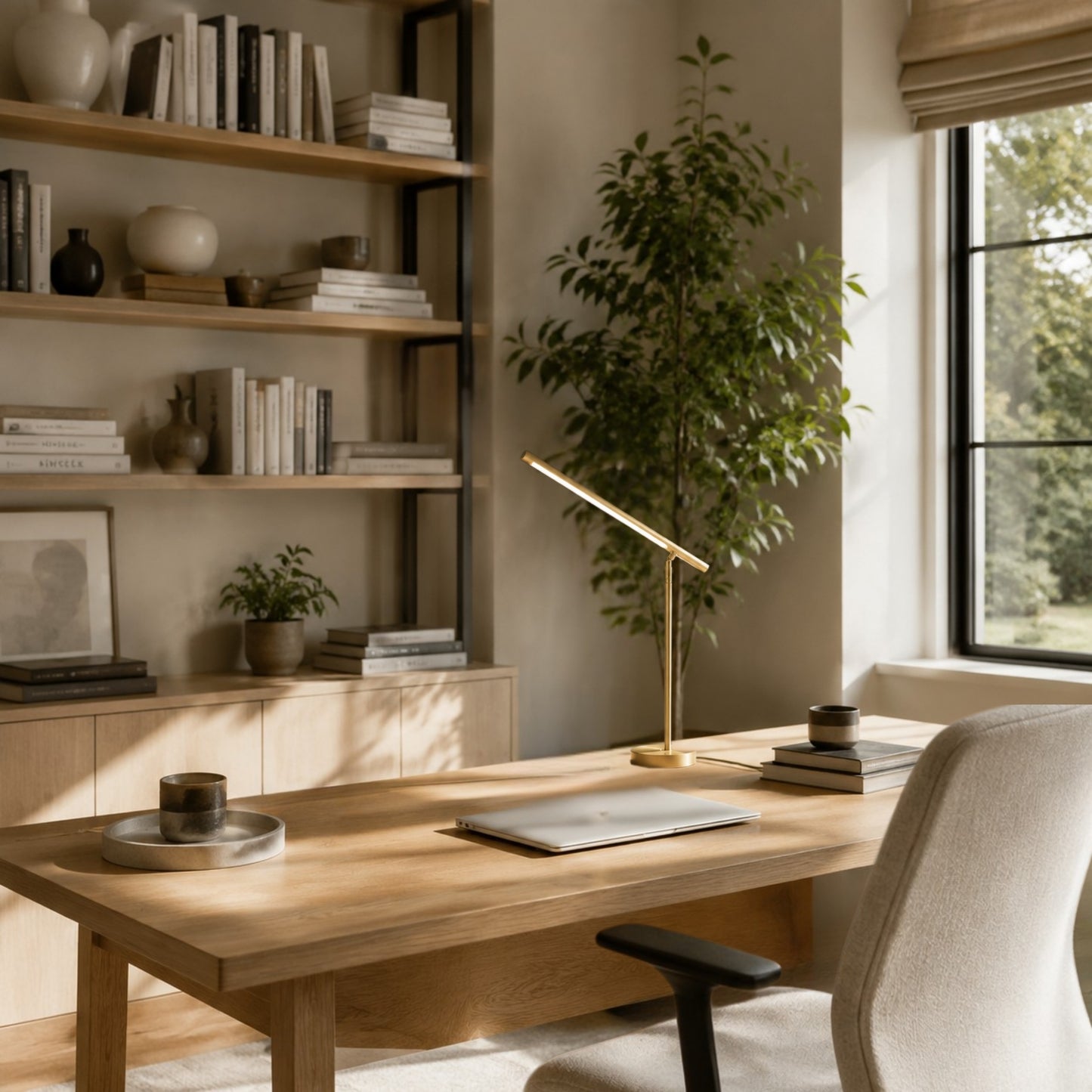 lampe de bureau led doree avec bibliotheque design minimaliste articule