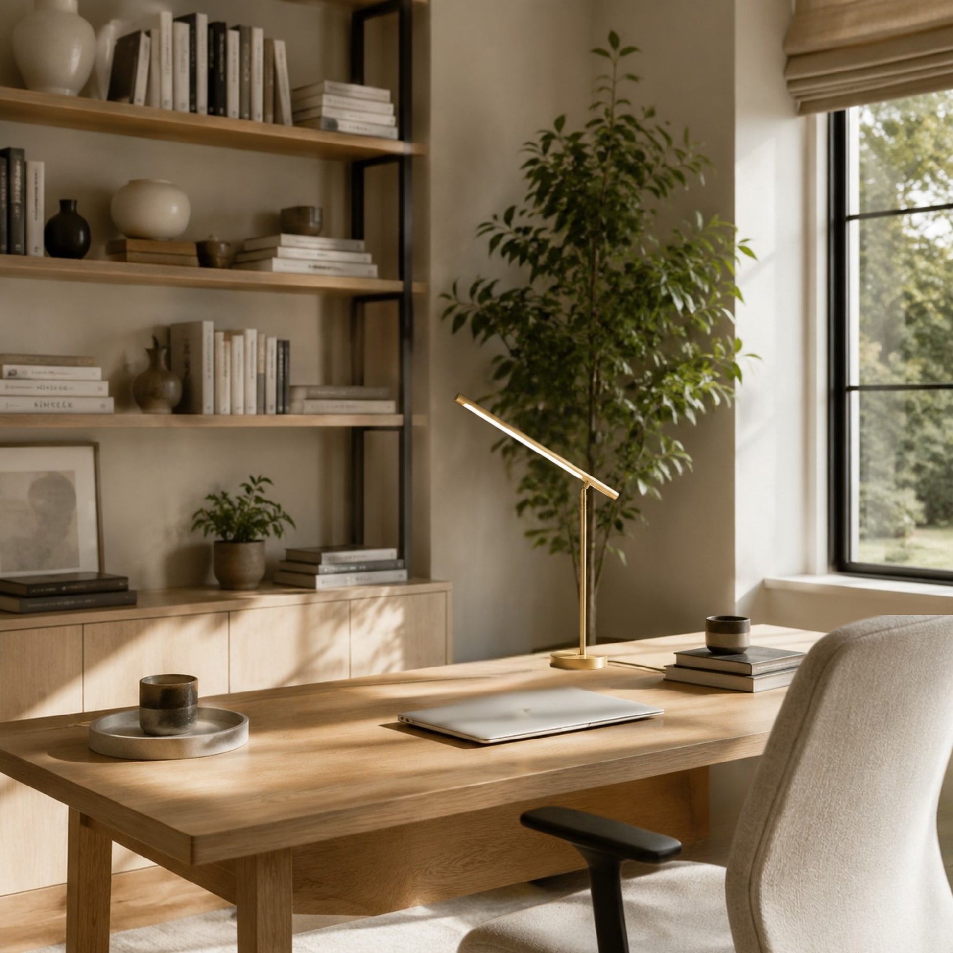 lampe de bureau led doree avec bibliotheque design minimaliste articule