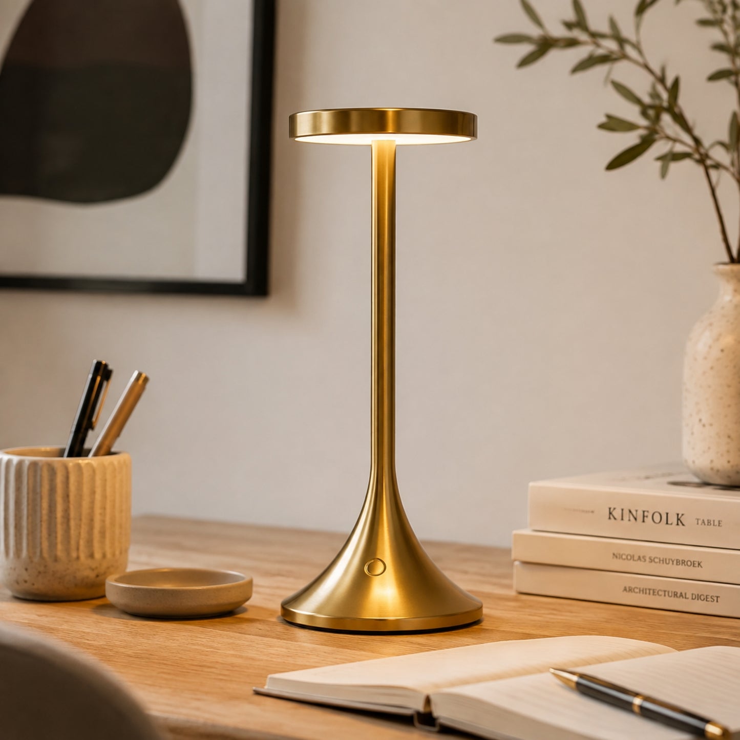 lampe de bureau led doree avec cadre design contemporain epure