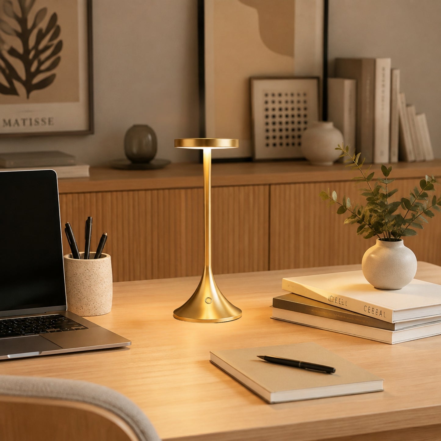 lampe de bureau led doree avec ordinateur design contemporain epure