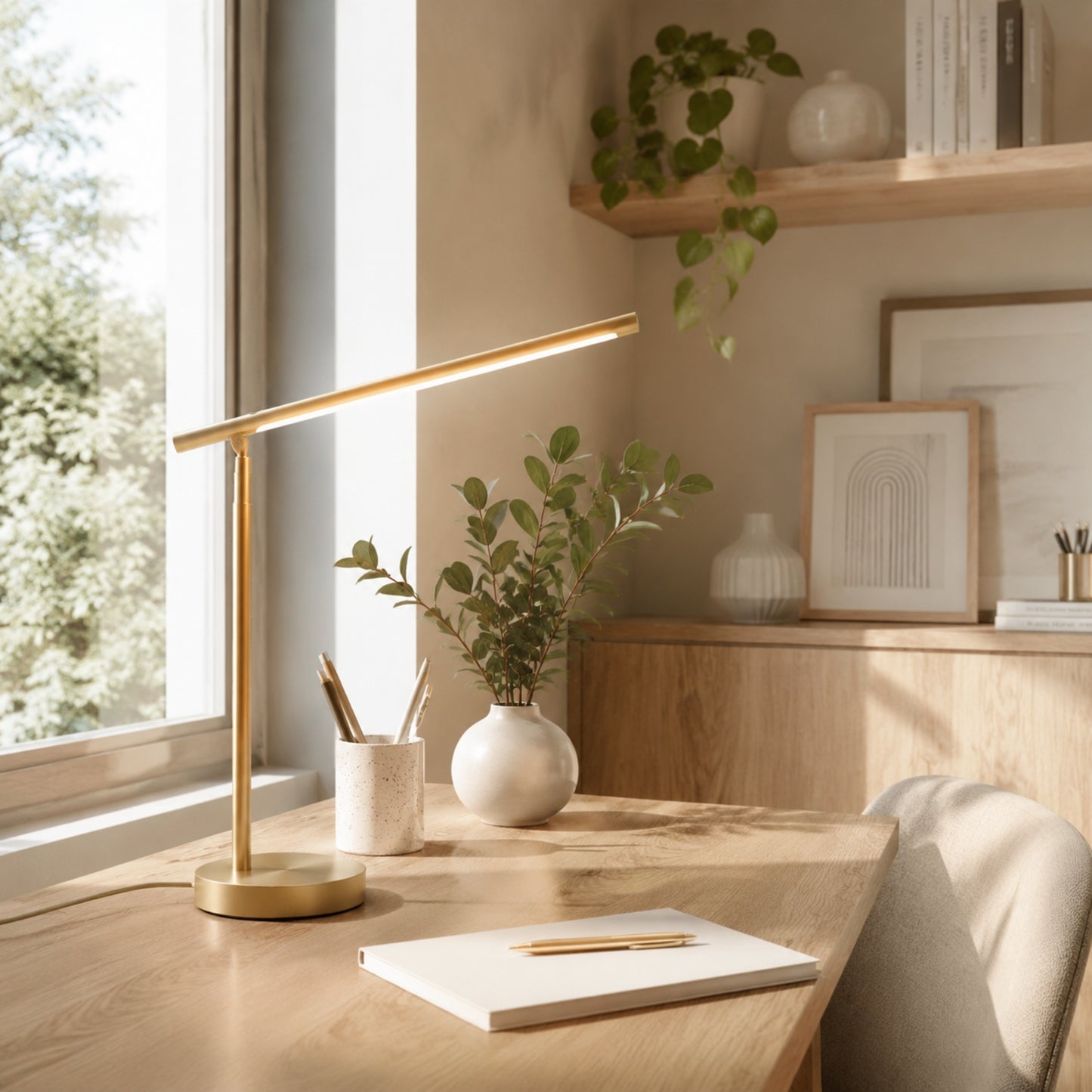 lampe de bureau led doree devant fenetre design minimaliste articule