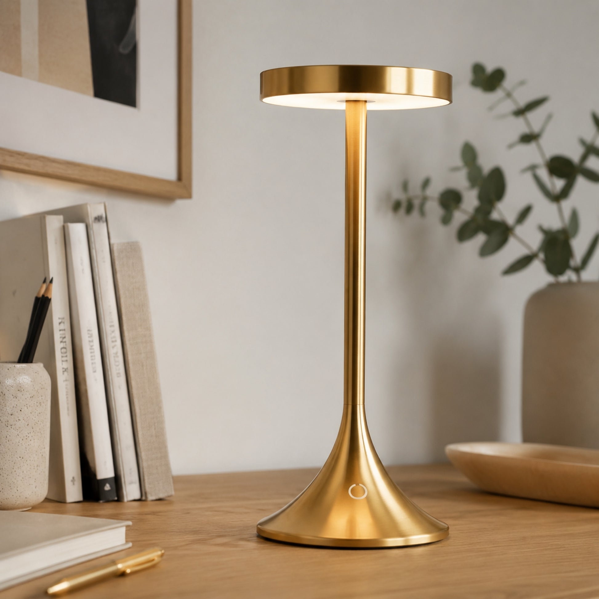 lampe de bureau led doree sur bureau design contemporain epure