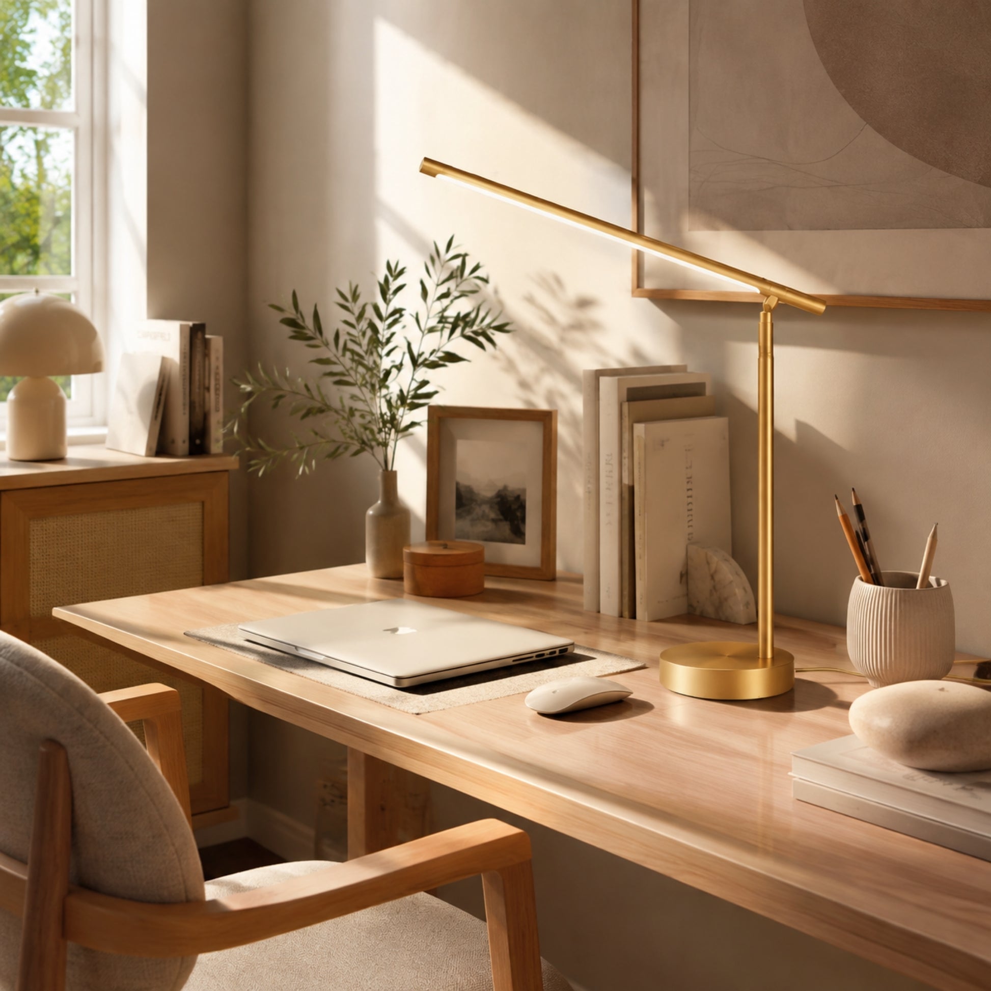 lampe de bureau led doree sur bureau design minimaliste articule