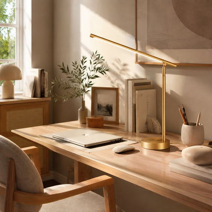 lampe de bureau led doree sur bureau design minimaliste articule