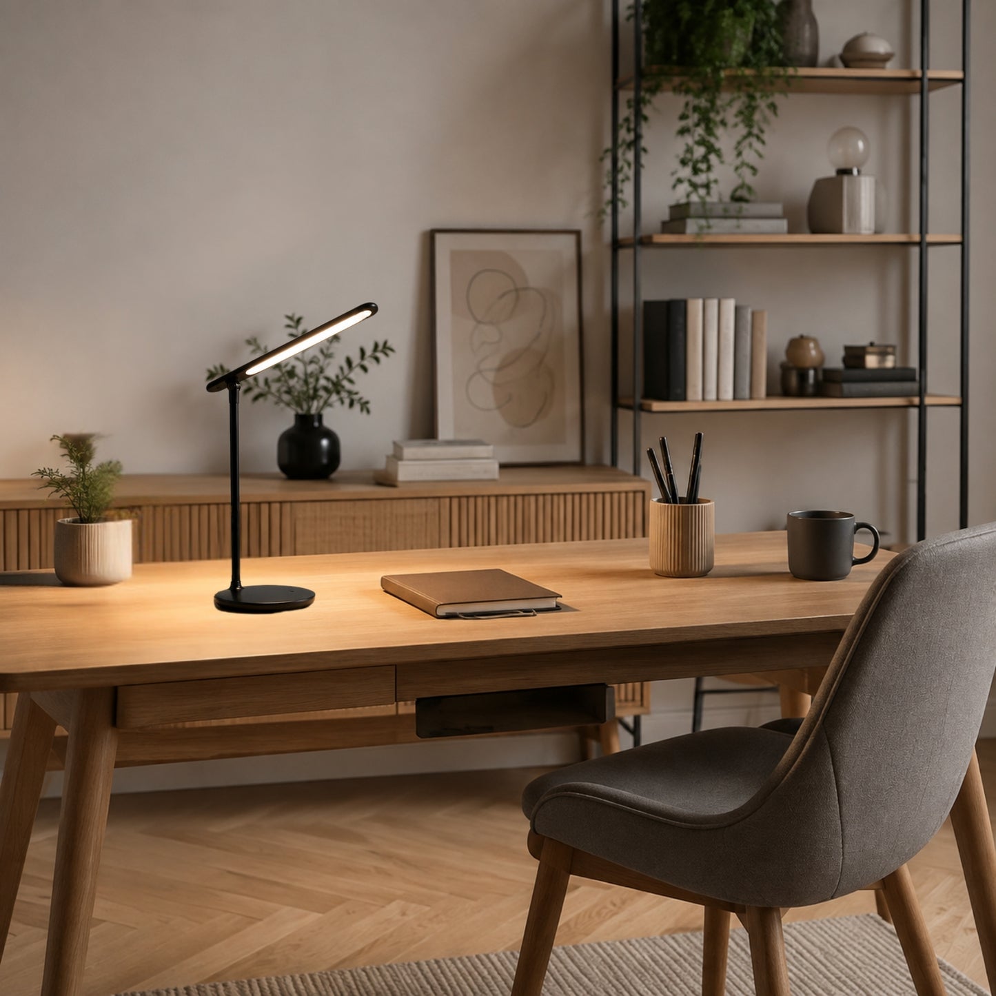 lampe de bureau led noire avec bibliotheque pliable rechargeable