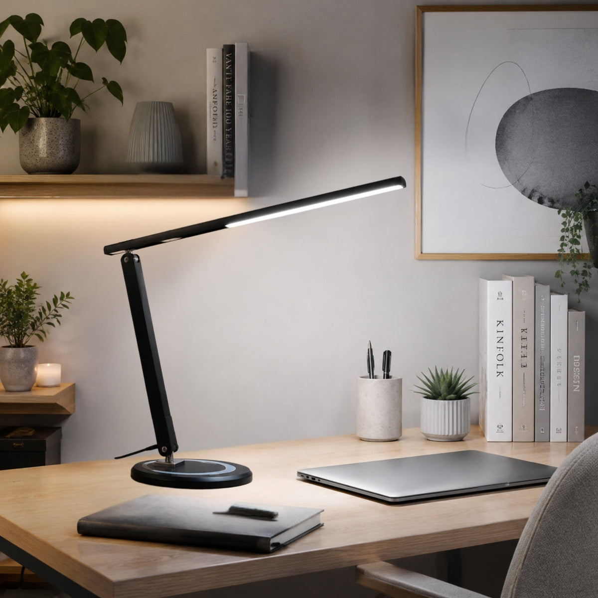 lampe de bureau led noire avec cadre lumineuse articulee