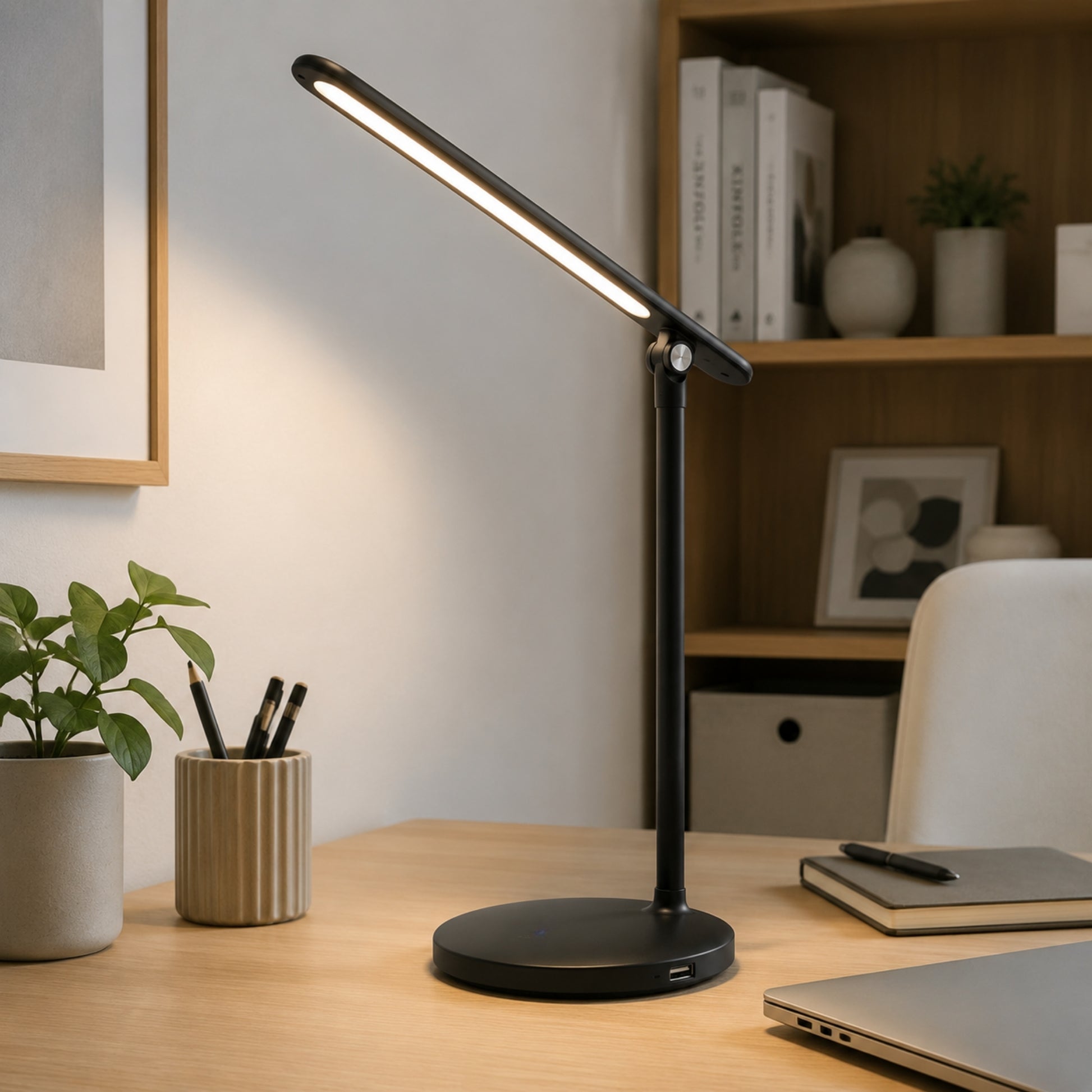 lampe de bureau led noire avec porte crayons pliable rechargeable