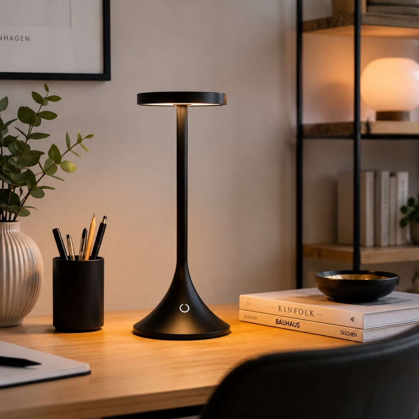 lampe de bureau led noire sur bureau avec cadre design contemporain epure