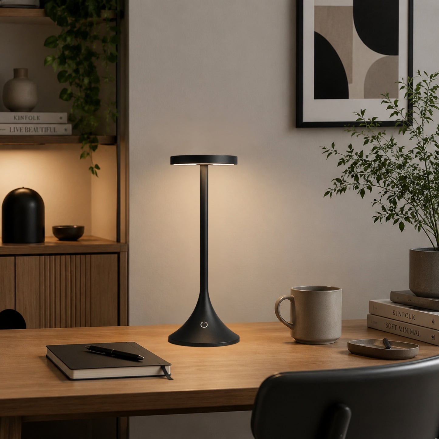 lampe de bureau led noire sur bureau avec tasse design contemporain epure