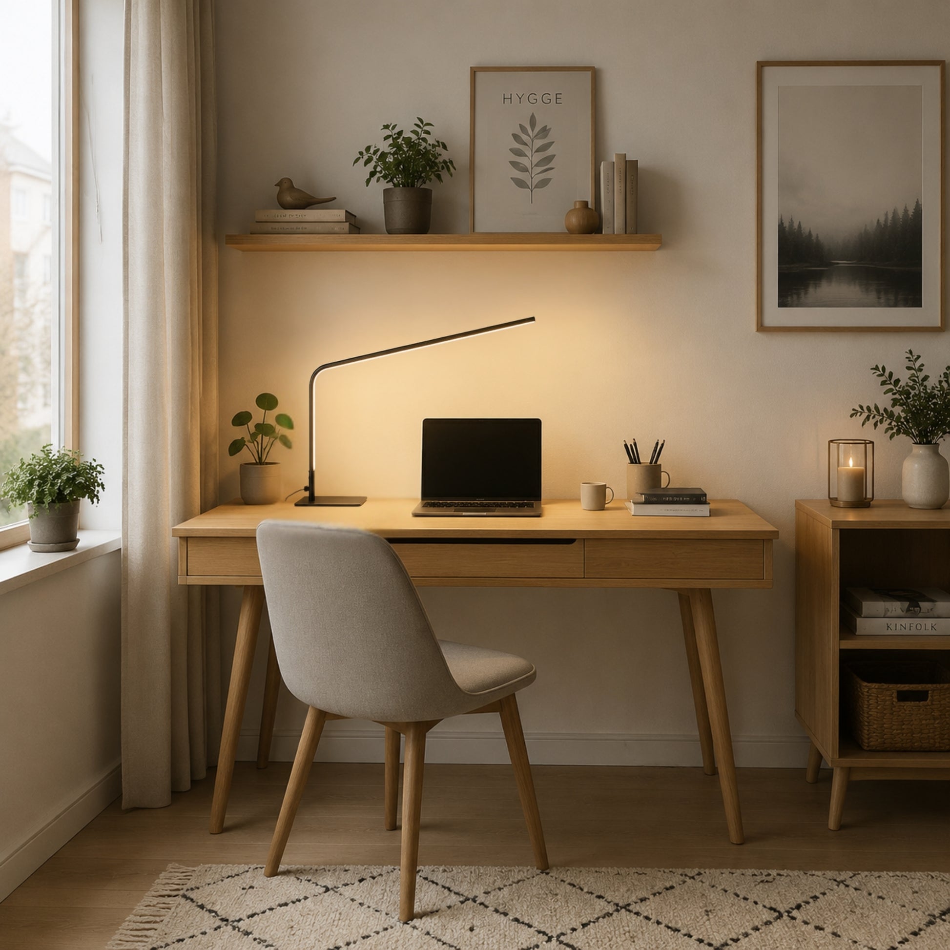 lampe de bureau led noire sur bureau minimaliste ultra-fine