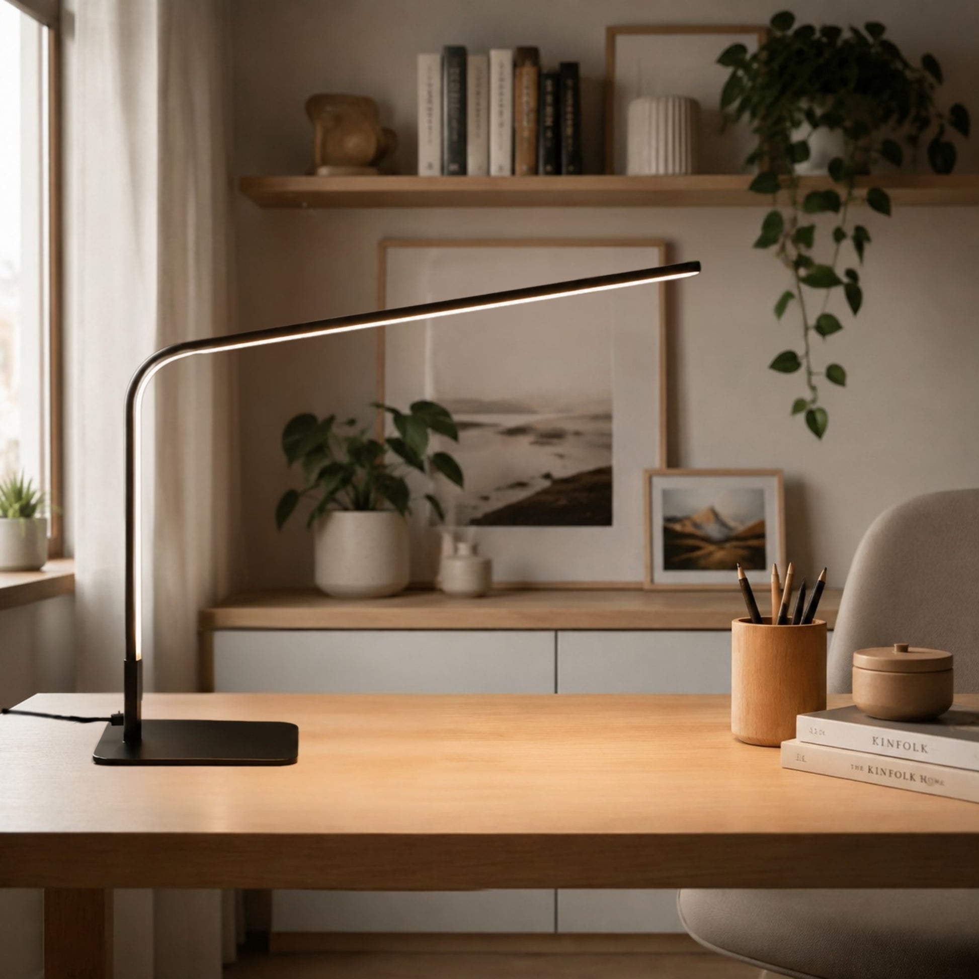 lampe de bureau led noire vu rapproche minimaliste ultra-fine