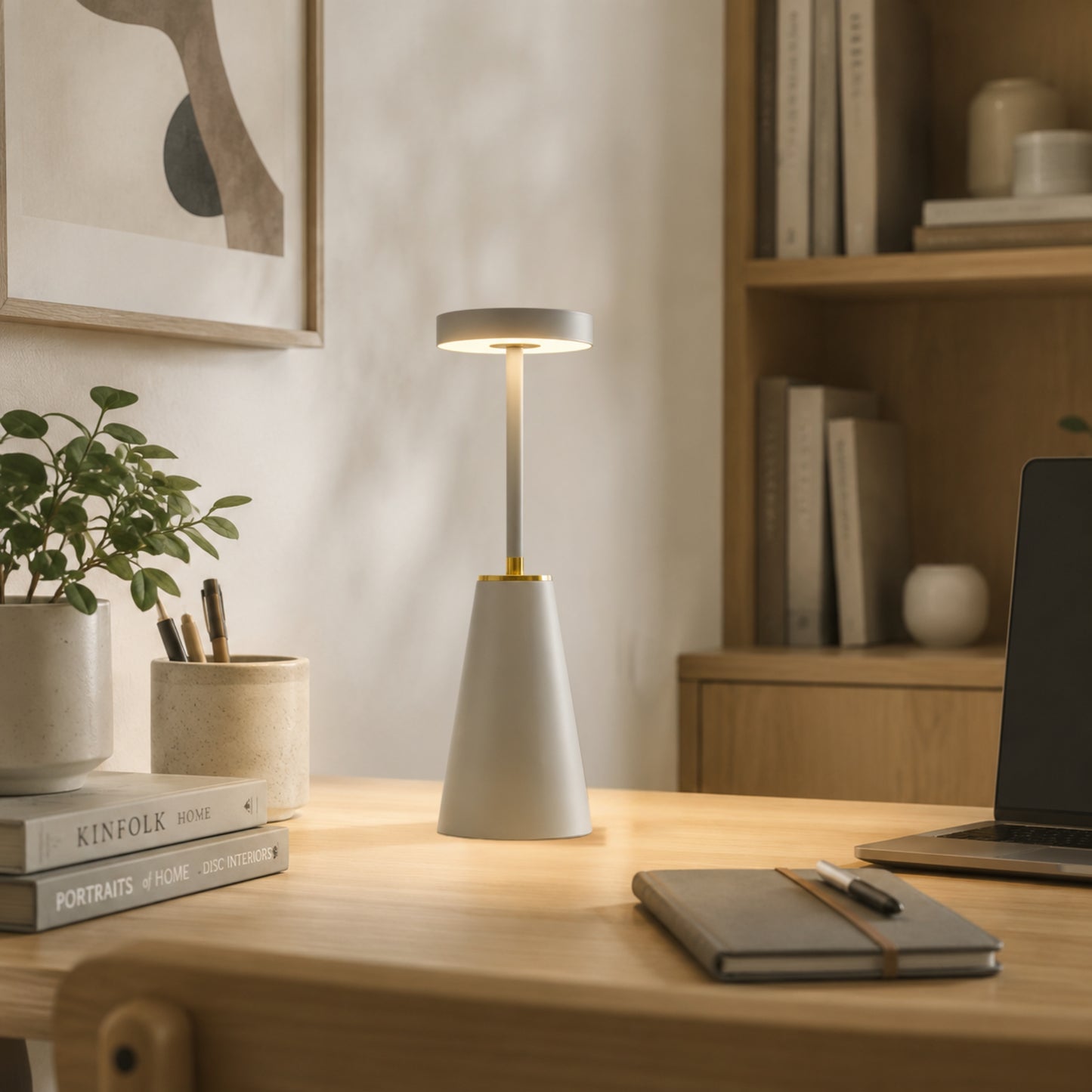 lampe de bureau sans fil blanche avec cadre elegante 3 intensites