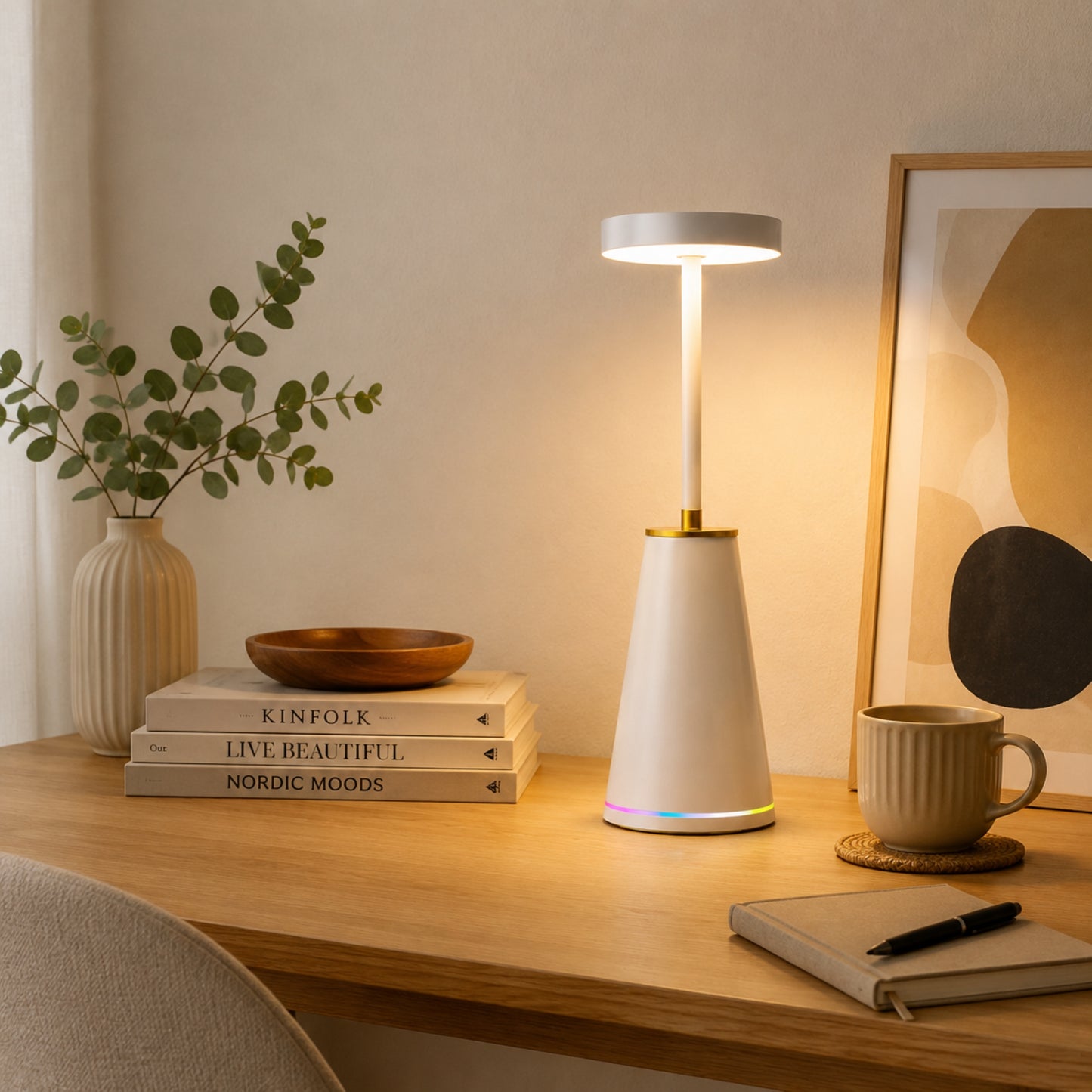 lampe de bureau sans fil blanche avec crayon elegante 3 intensites