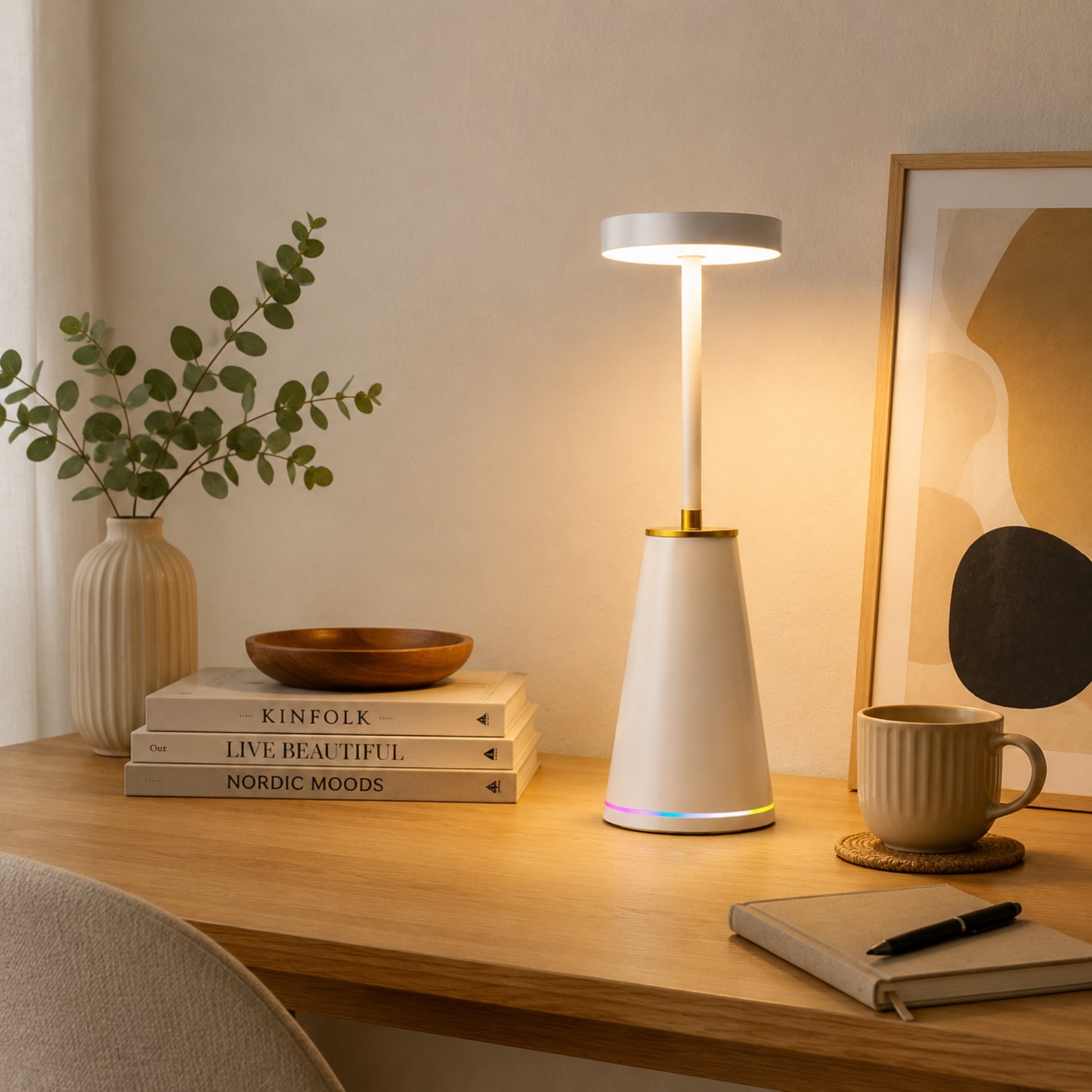 lampe de bureau sans fil blanche avec crayon elegante 3 intensites