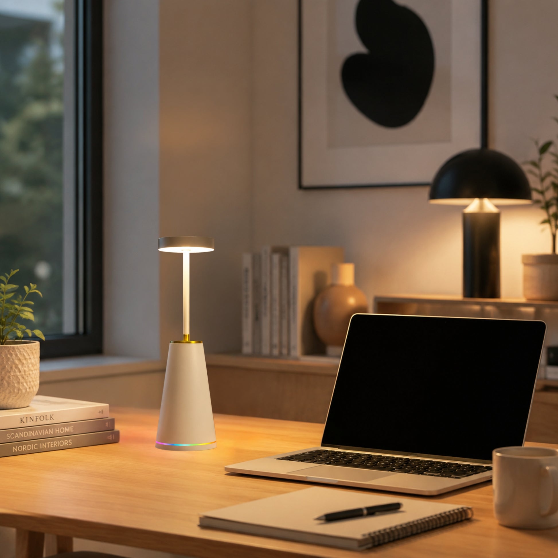 lampe de bureau sans fil blanche avec fenetre elegante 3 intensites