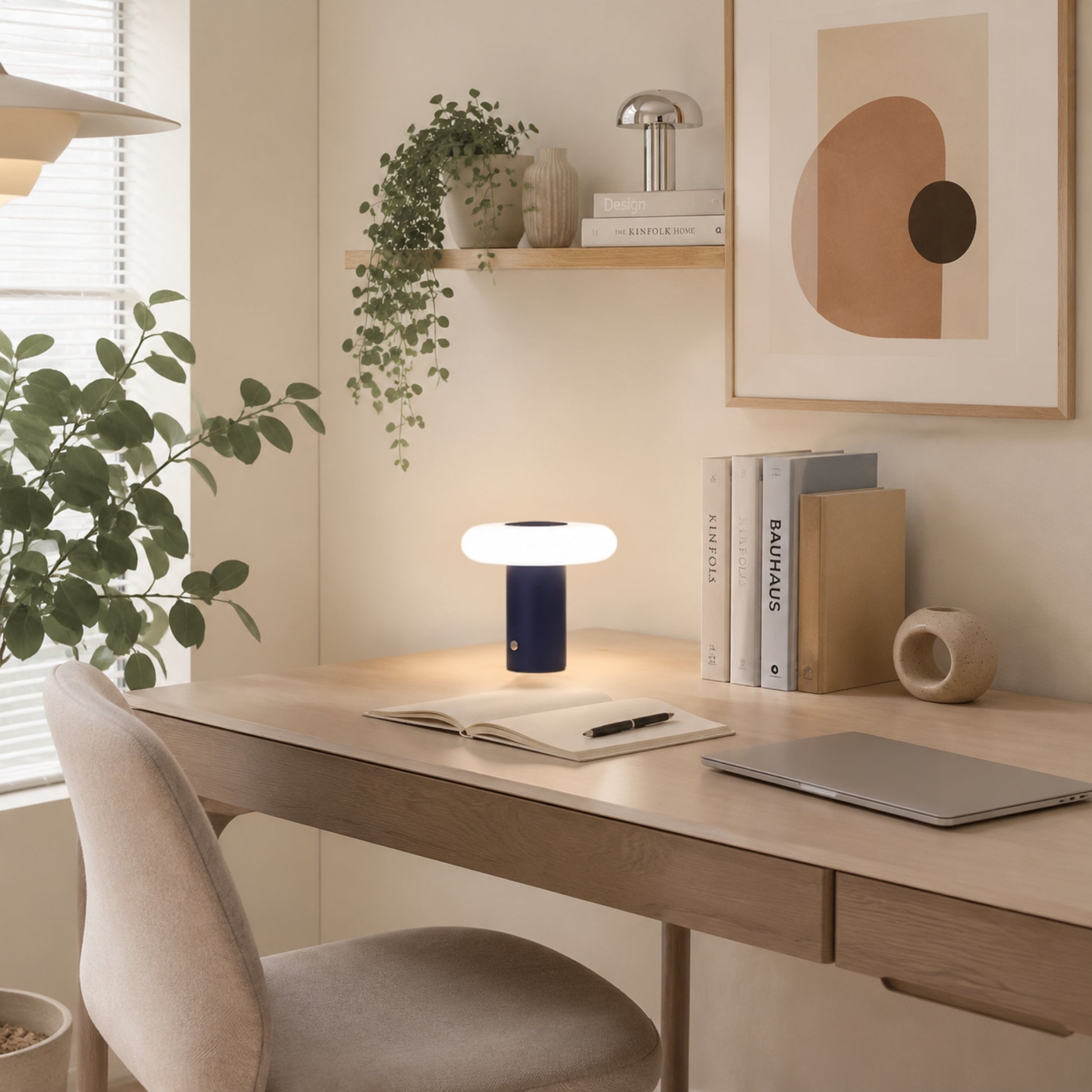 lampe de bureau sans fil bleu avec livre esthetique spatiale scandinave