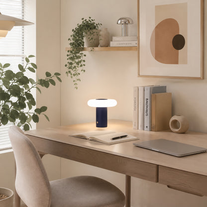 lampe de bureau sans fil bleu avec livre esthetique spatiale scandinave