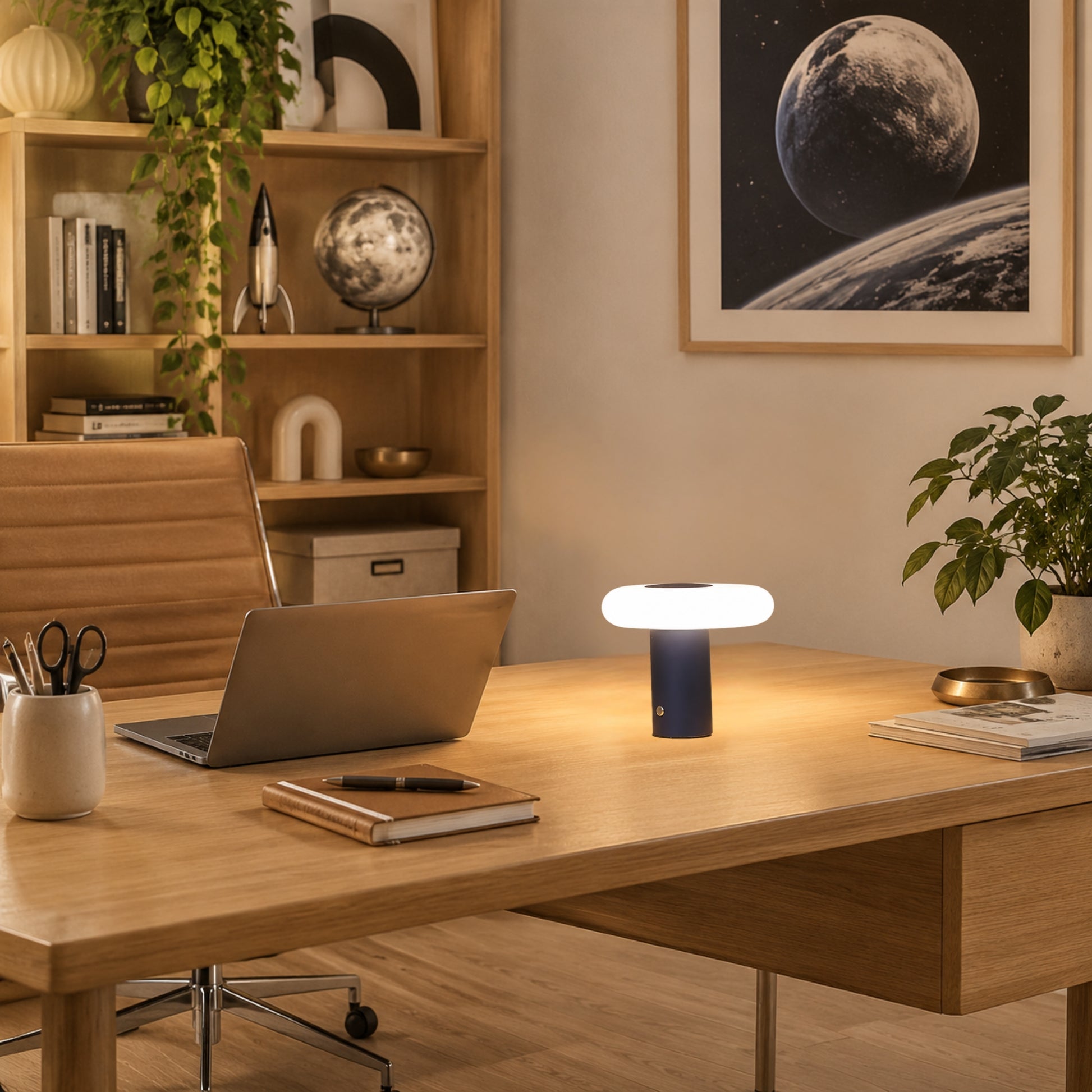 lampe de bureau sans fil bleu avec ordinateur esthetique spatiale scandinave