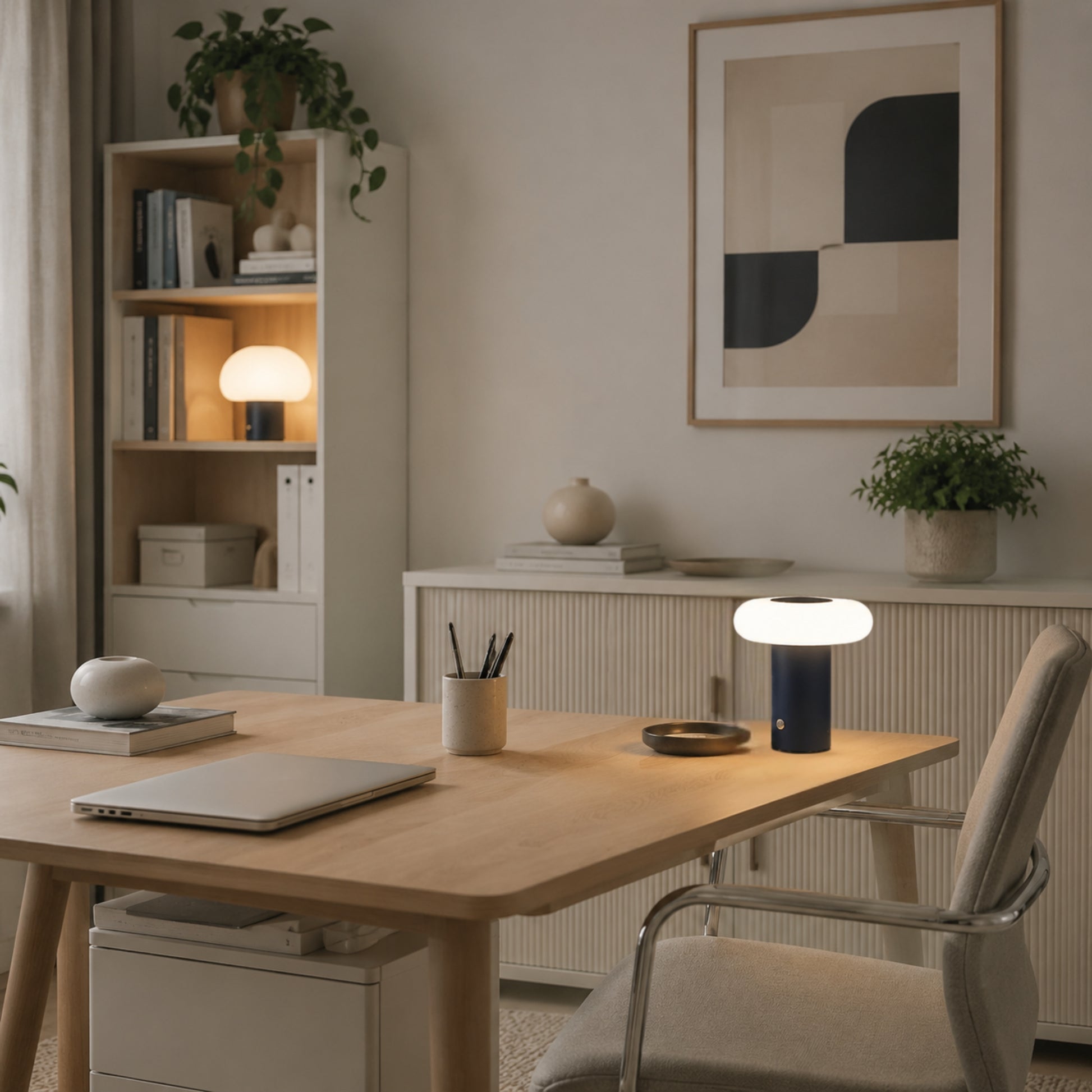 lampe de bureau sans fil bleu coin bureau esthetique spatiale scandinave