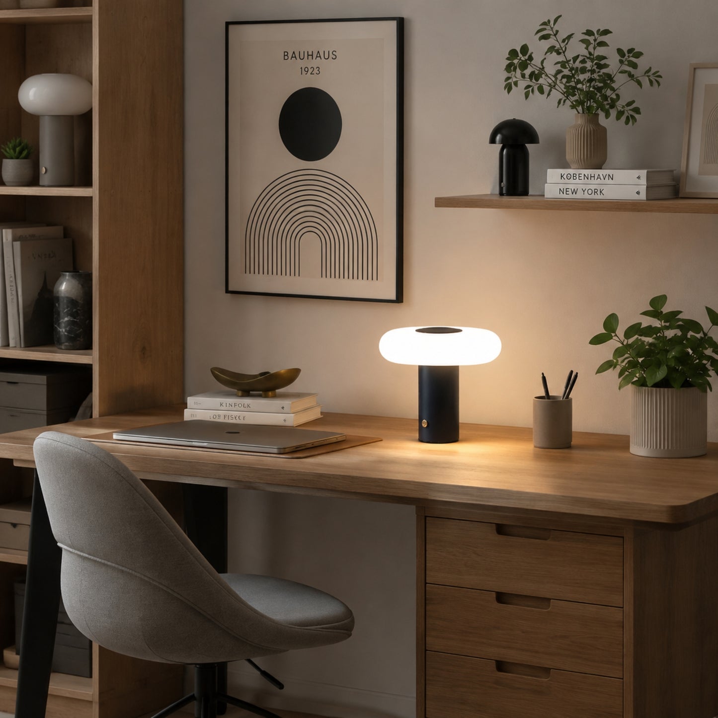 lampe de bureau sans fil bleu sur bureau esthetique spatiale scandinave