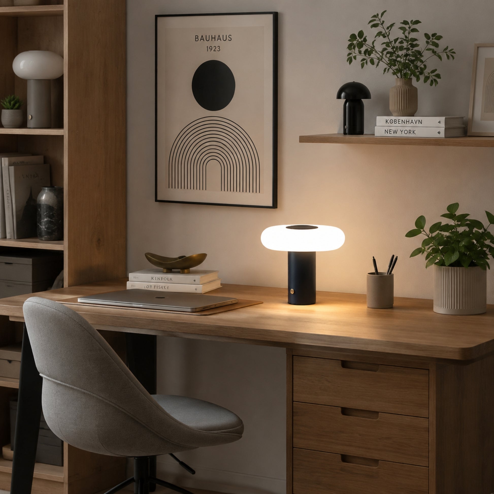lampe de bureau sans fil bleu sur bureau esthetique spatiale scandinave