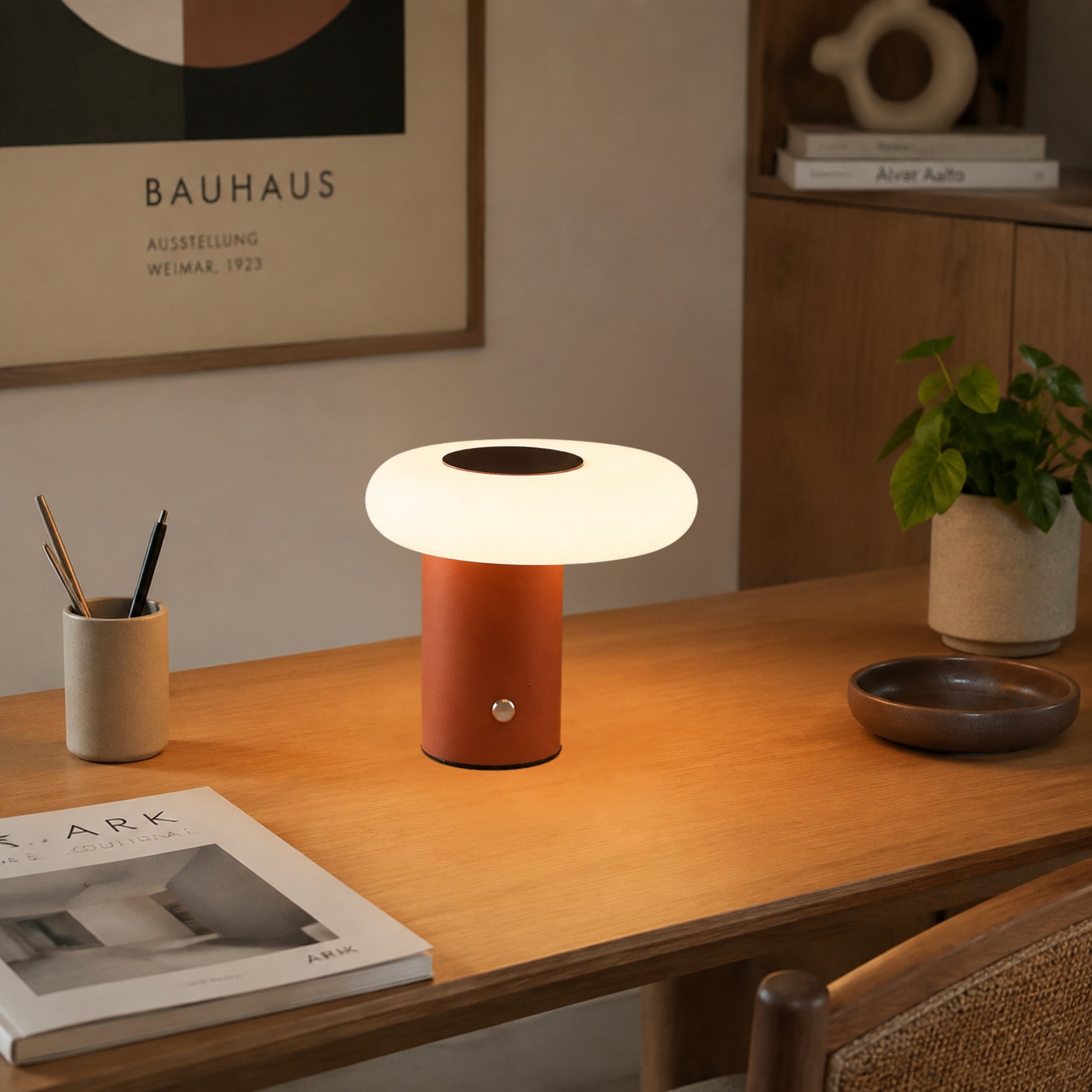 lampe de bureau sans fil brun avec livre terre cuite esthetique spatiale scandinave