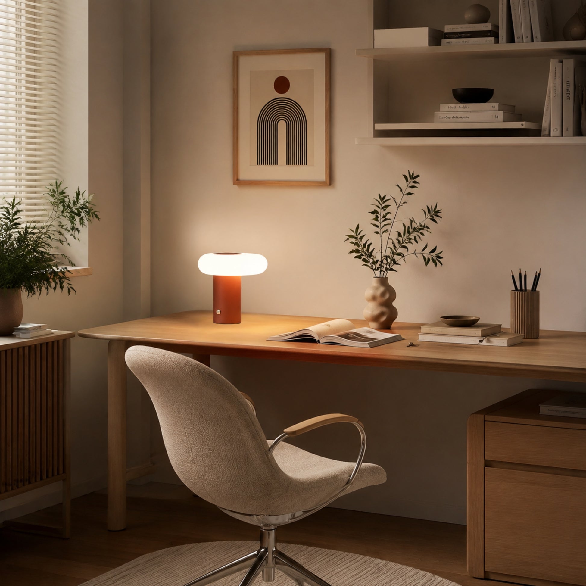 lampe de bureau sans fil brun terre cuite 20 cm sur bureau esthetique spatiale scandinave