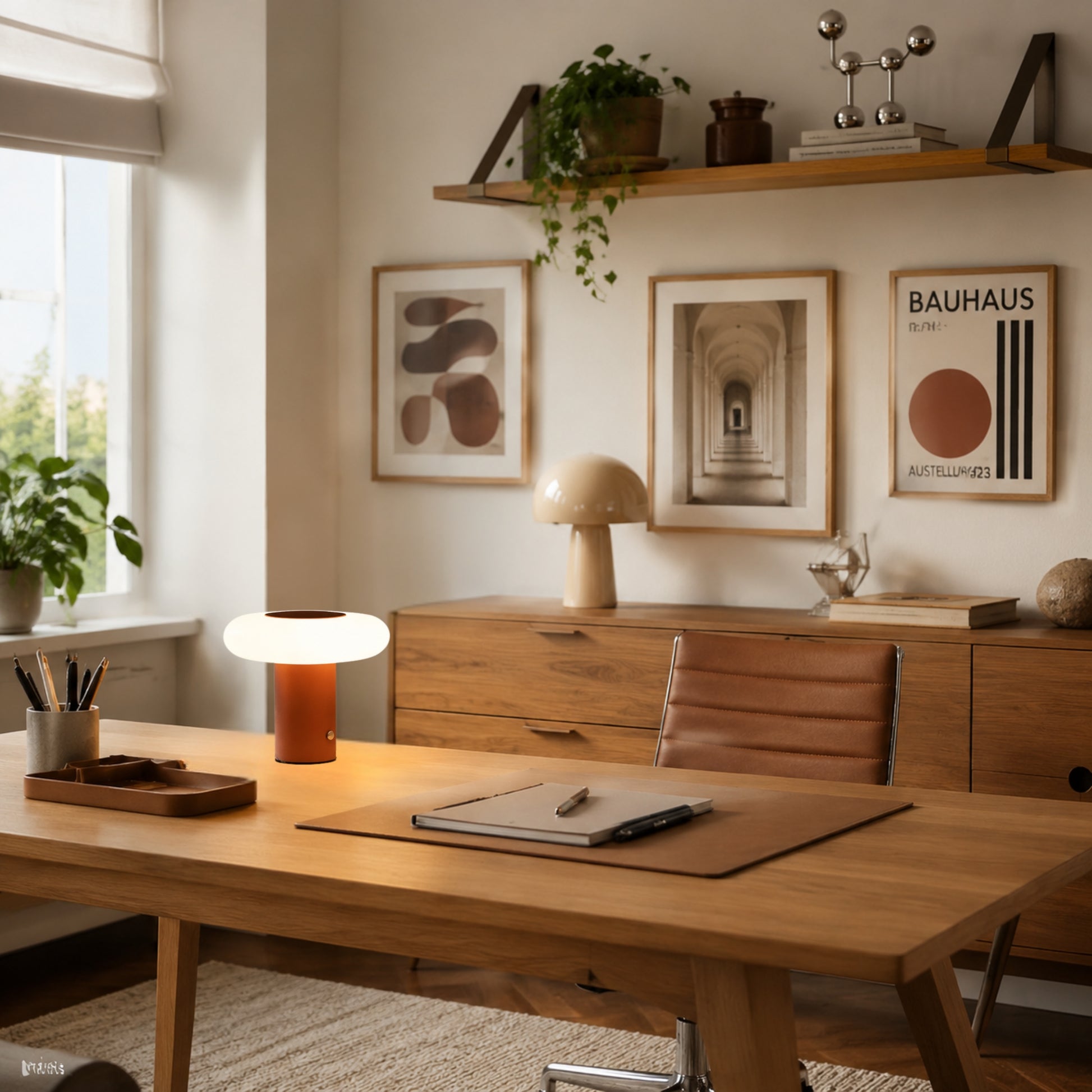 lampe de bureau sans fil brun terre cuite avec cadre esthetique spatiale scandinave