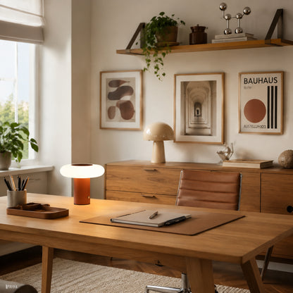 lampe de bureau sans fil brun terre cuite avec cadre esthetique spatiale scandinave