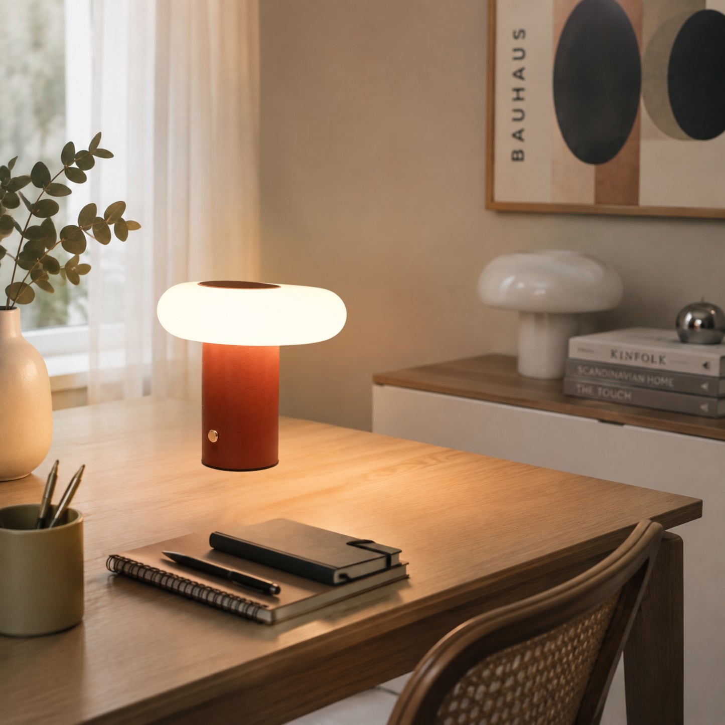 lampe de bureau sans fil brun terre cuite esthetique spatiale scandinave