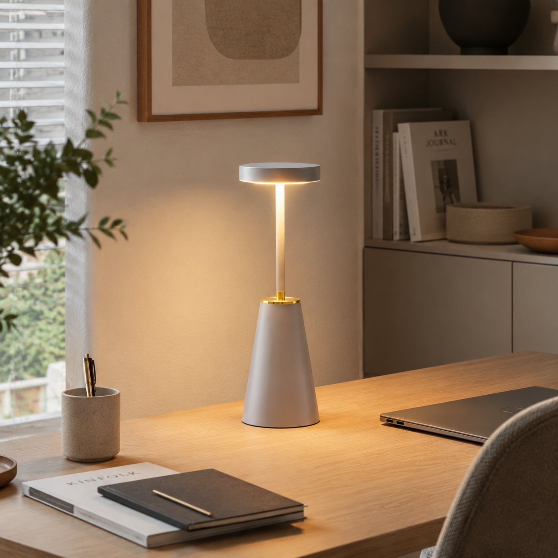 lampe de bureau sans fil grise avec porte crayons elegante 3 intensites