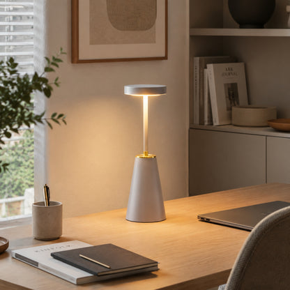 lampe de bureau sans fil grise avec porte crayons elegante 3 intensites
