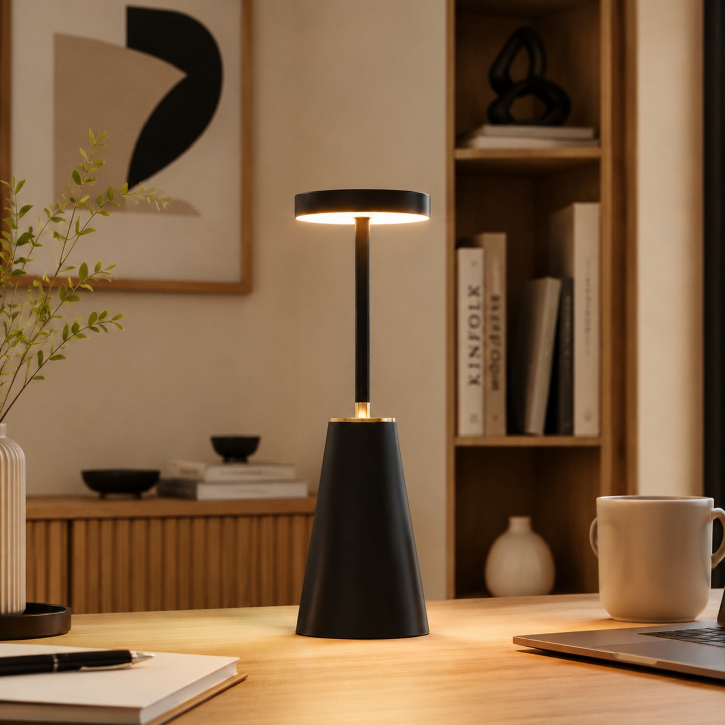 lampe de bureau sans fil noir avec tasse elegante 3 intensites